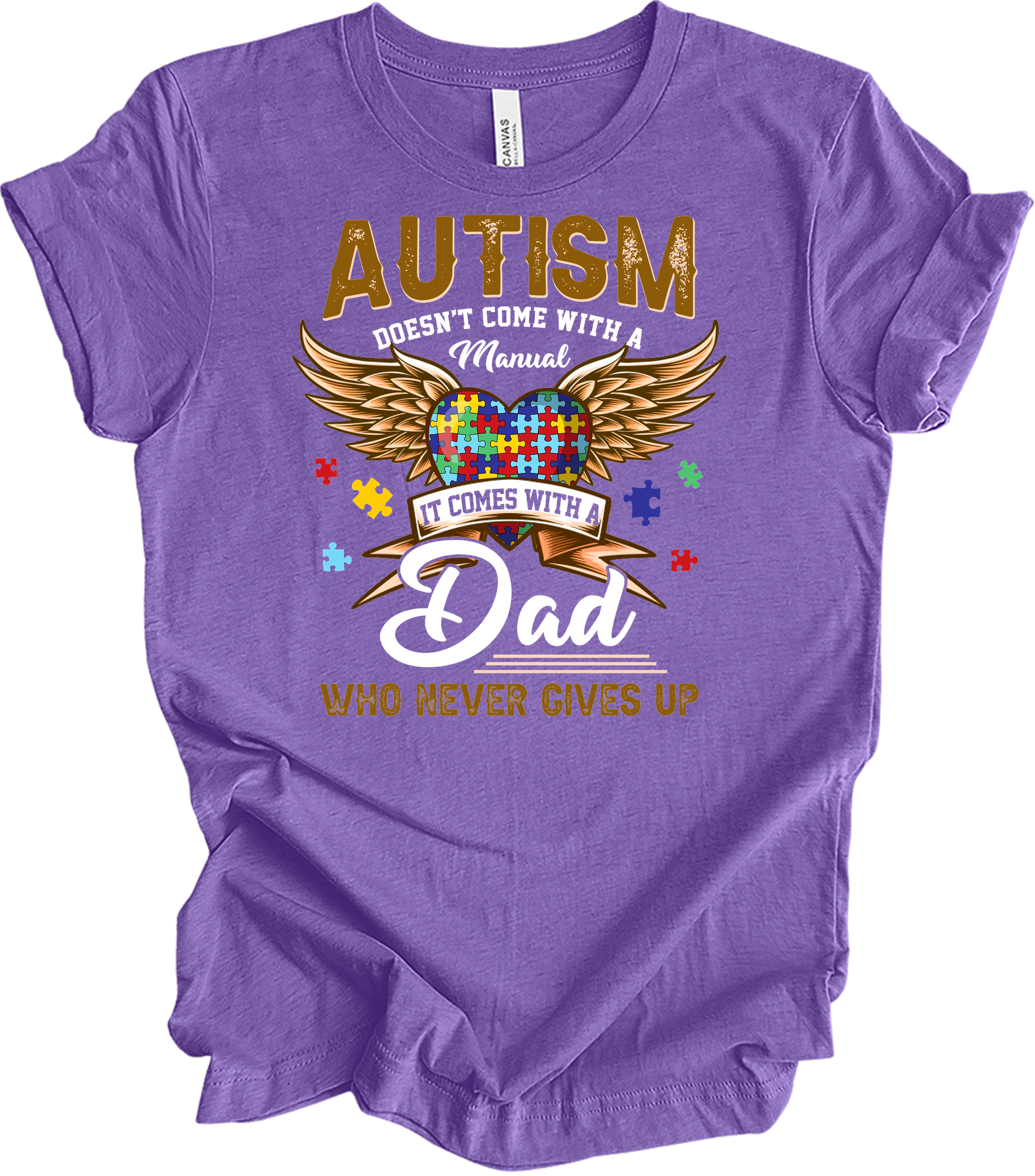 Autism Dad Heart Puzzle T-Shirt in Heather Team Purple