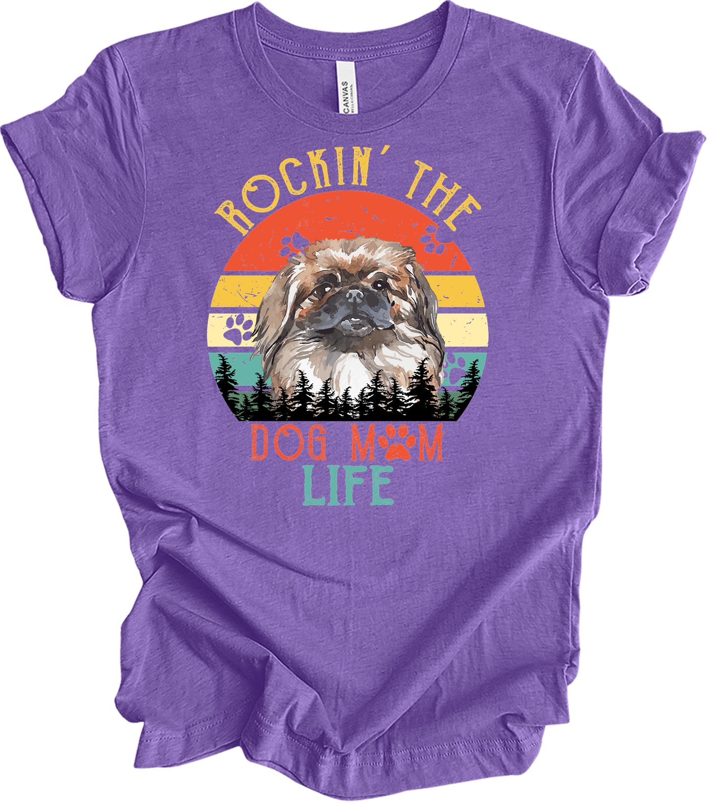 Pekingese Dog Mom Life Retro Sunset T-Shirt in Heather Team Purple