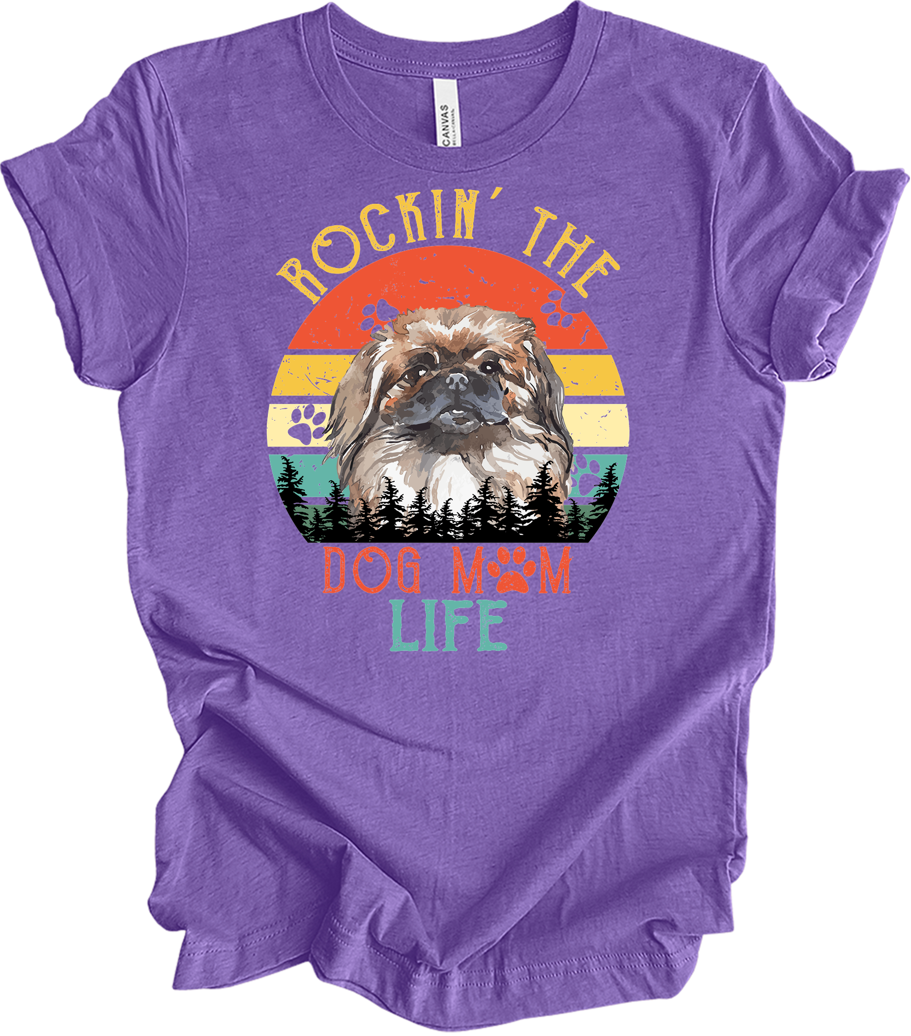 Pekingese Dog Mom Life Retro Sunset T-Shirt in Heather Team Purple