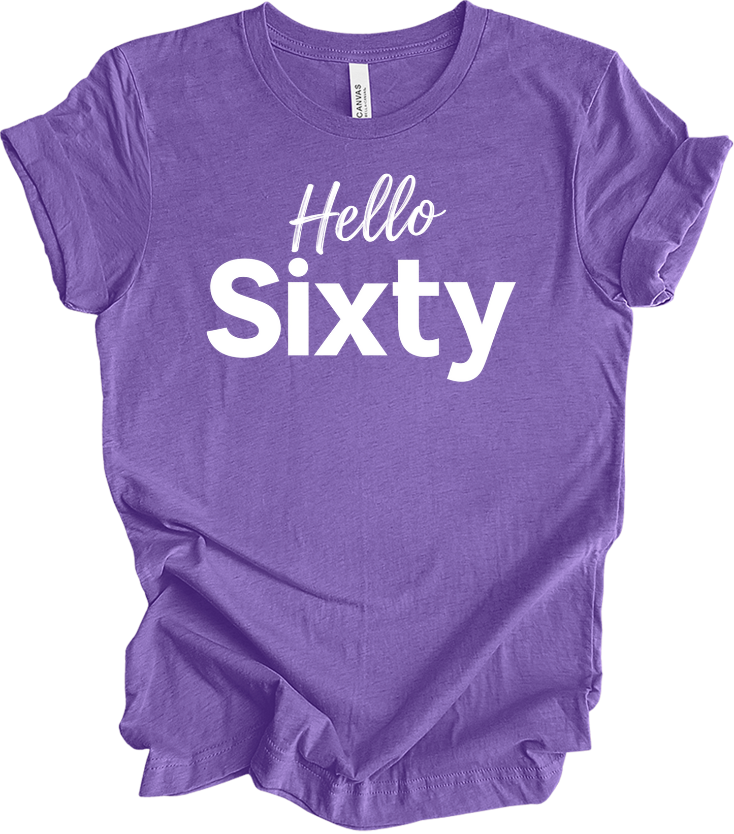Hello Sixty Birthday T-Shirt in Heather Team Purple