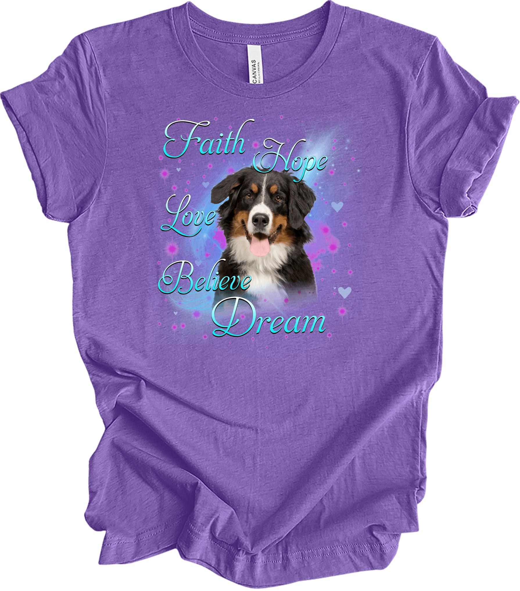 Bernese Mountain Dog Faith Hope Love Believe Dream Inspirational T-Shirt in Heather Team Purple