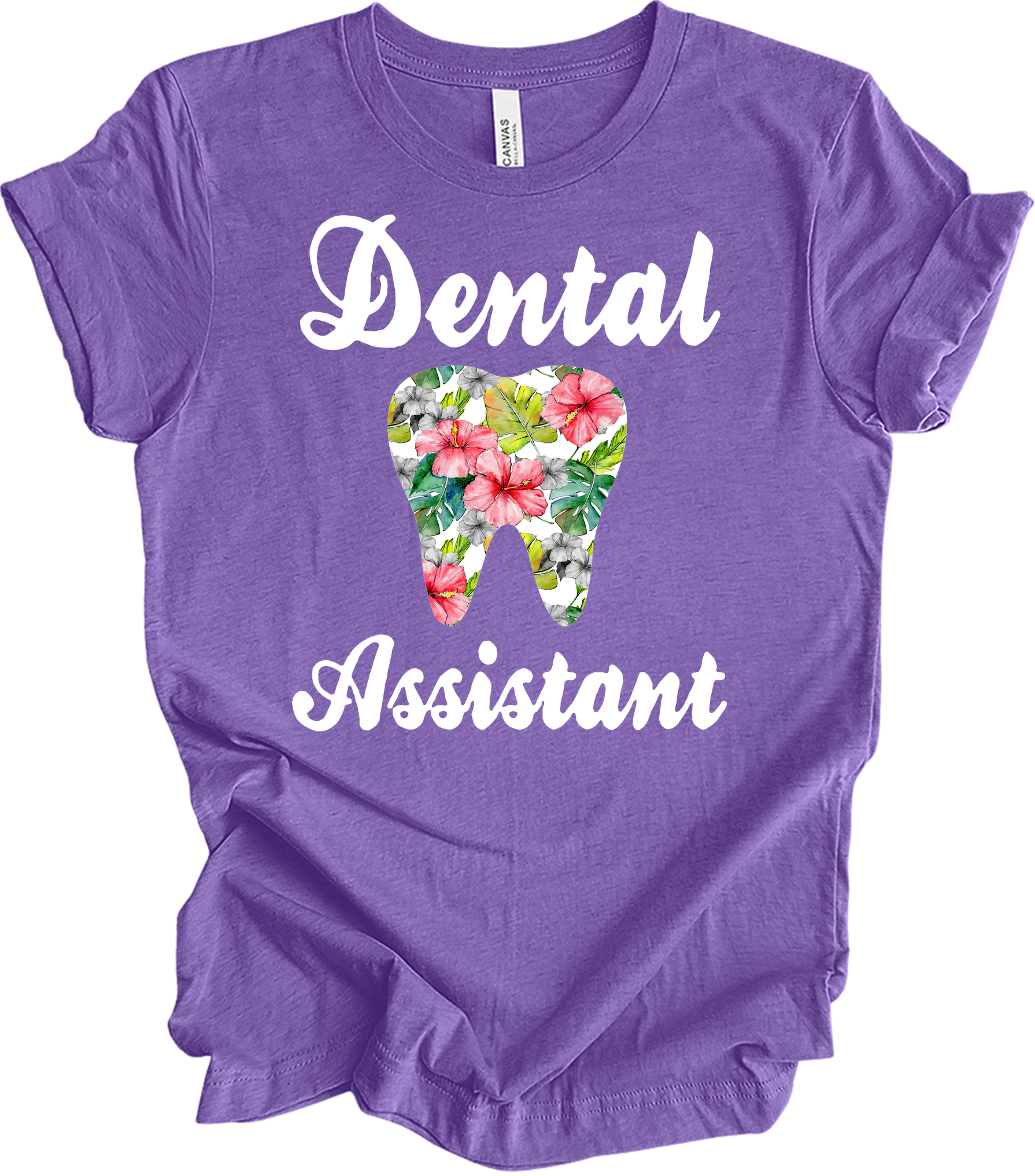 Dental Assistant Floral Tooth - Cute Dental Squad Gift T-Shirt in Heather Team Purple