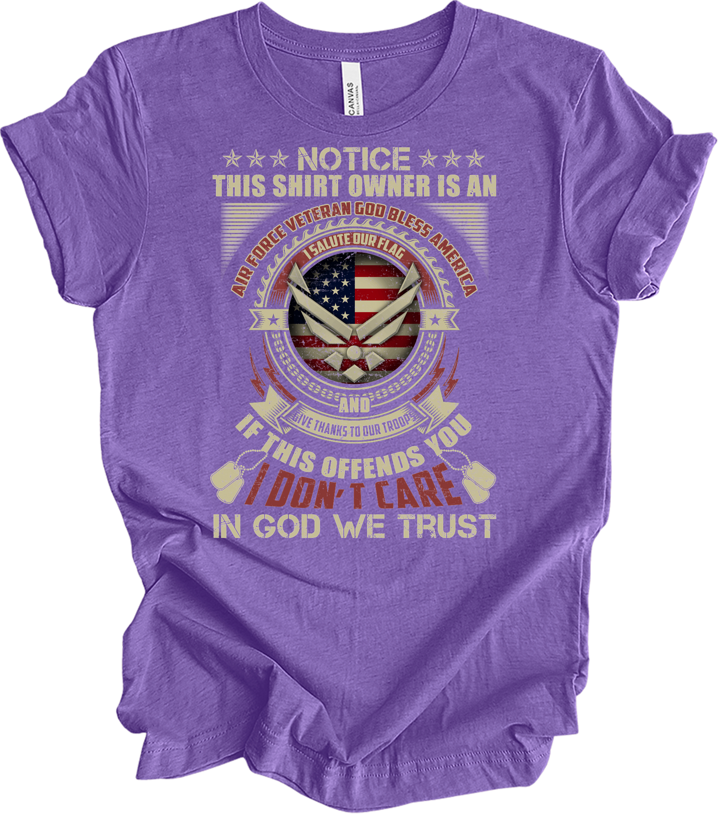 Air Force Veteran US Military Patriotic T-Shirt in Heather Team Purple