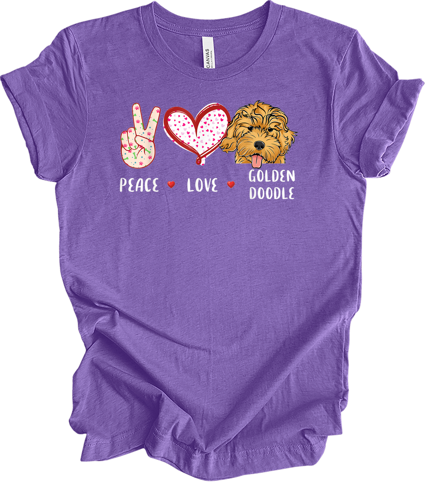 Peace Love Golden Doodle T-Shirt in Heather Team Purple