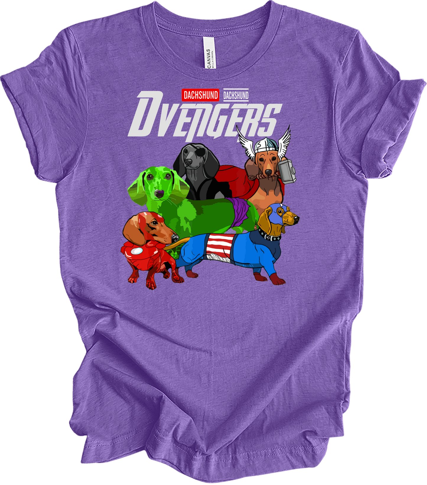 Dachshund Dvengers Funny Dog Lover Superhero T-Shirt in Heather Team Purple