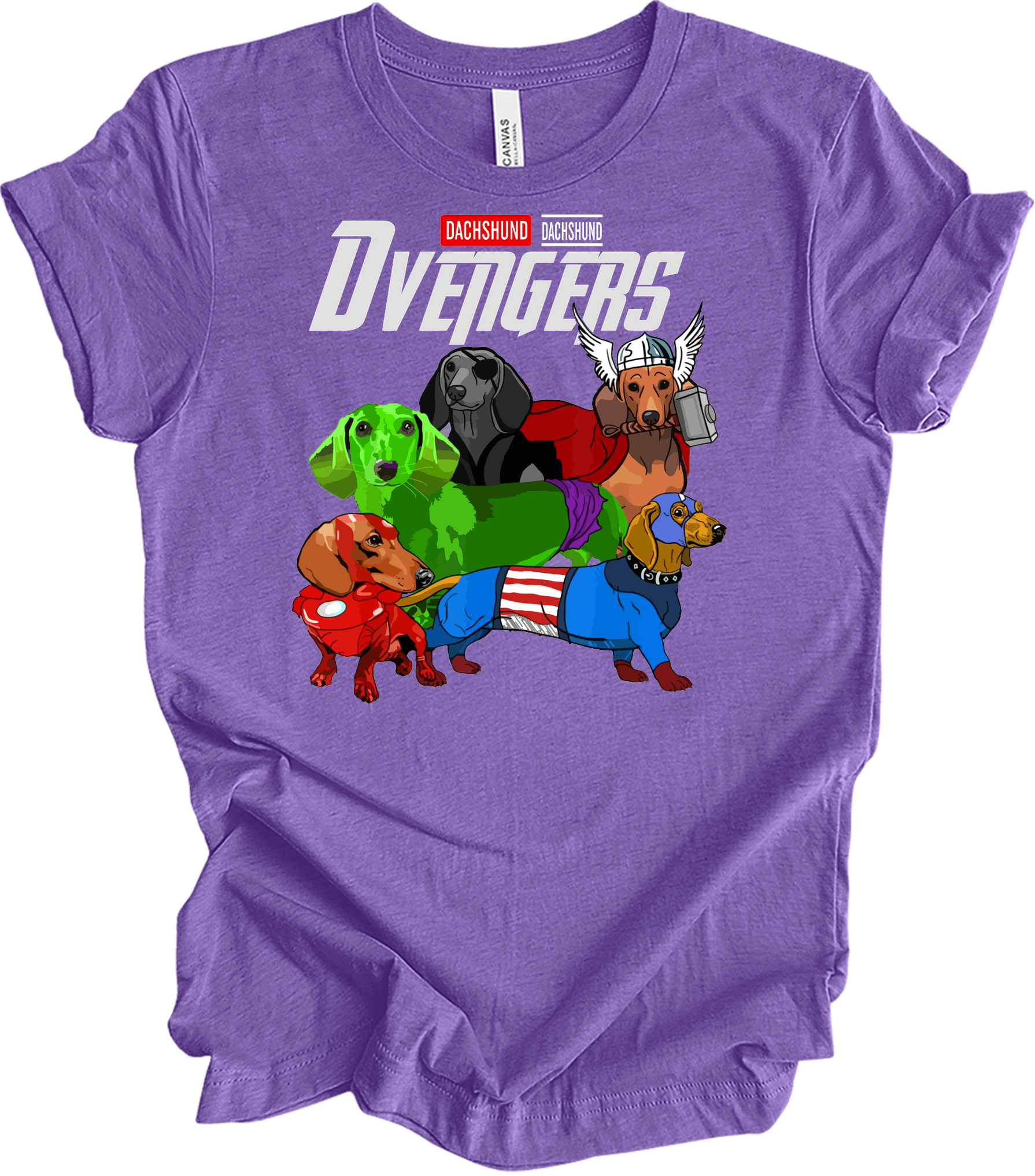 Dachshund Dvengers Funny Dog Lover Superhero T-Shirt in Heather Team Purple
