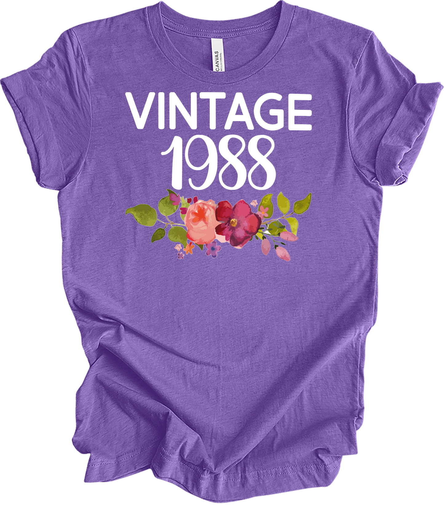 Vintage 1988 Birth Year Floral - 35th Birthday Gift T-Shirt in Heather Team Purple