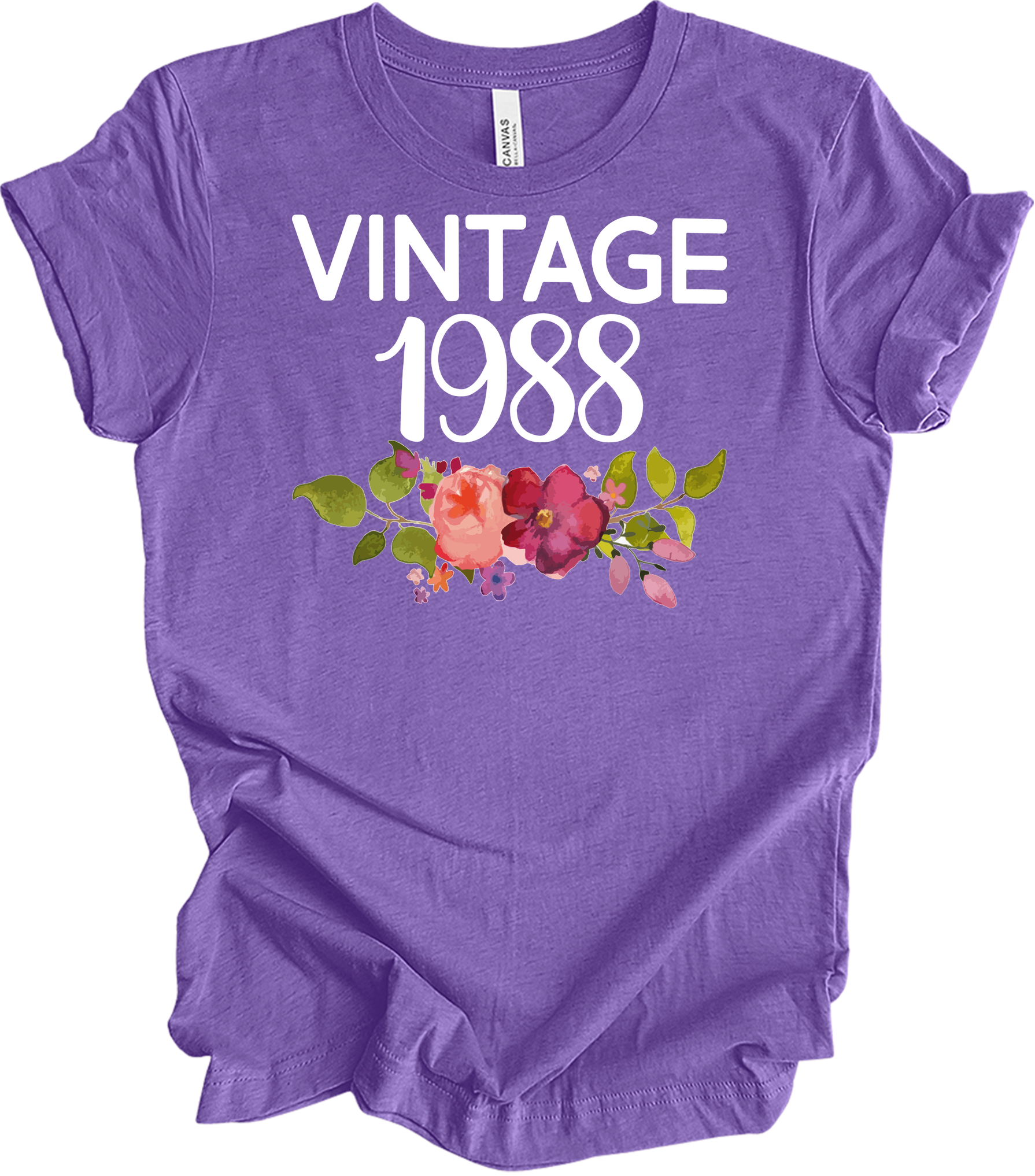 Vintage 1988 Birth Year Floral - 35th Birthday Gift T-Shirt in Heather Team Purple