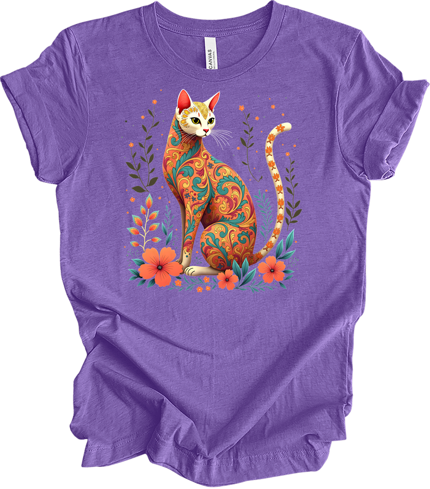 Floral Cat Art - Siamese Design T-Shirt in Heather Team Purple