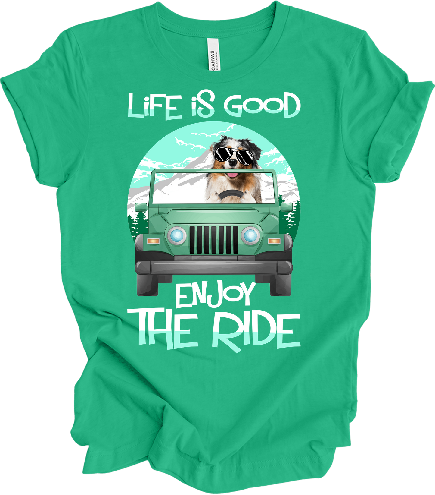 Australian Shepherd Jeep Dog - Life is Good Aussie Mom Gift T-Shirt in Kelly