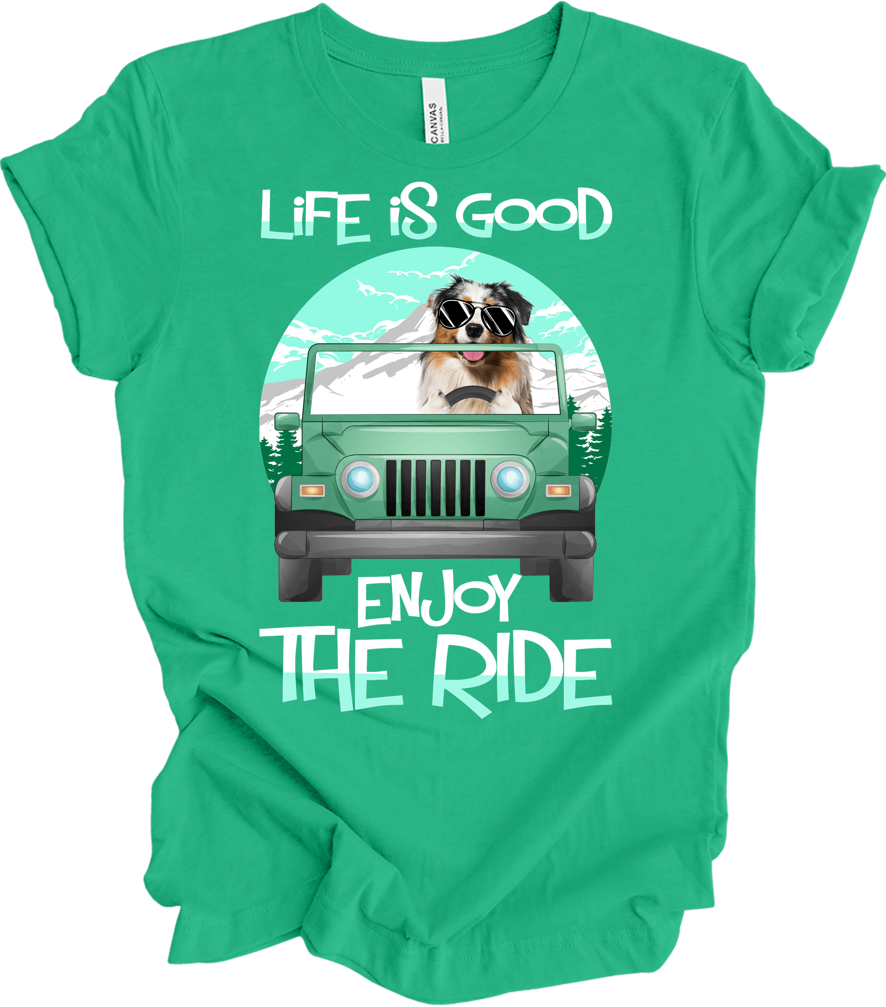 Australian Shepherd Jeep Dog - Life is Good Aussie Mom Gift T-Shirt in Kelly