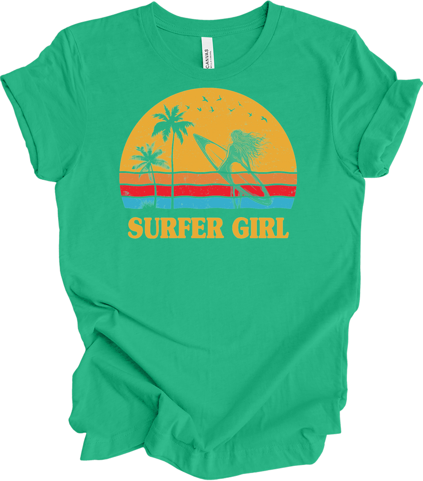 Surfer Girl Vintage Retro 70s Beach Surfing California Lover T-Shirt in Kelly