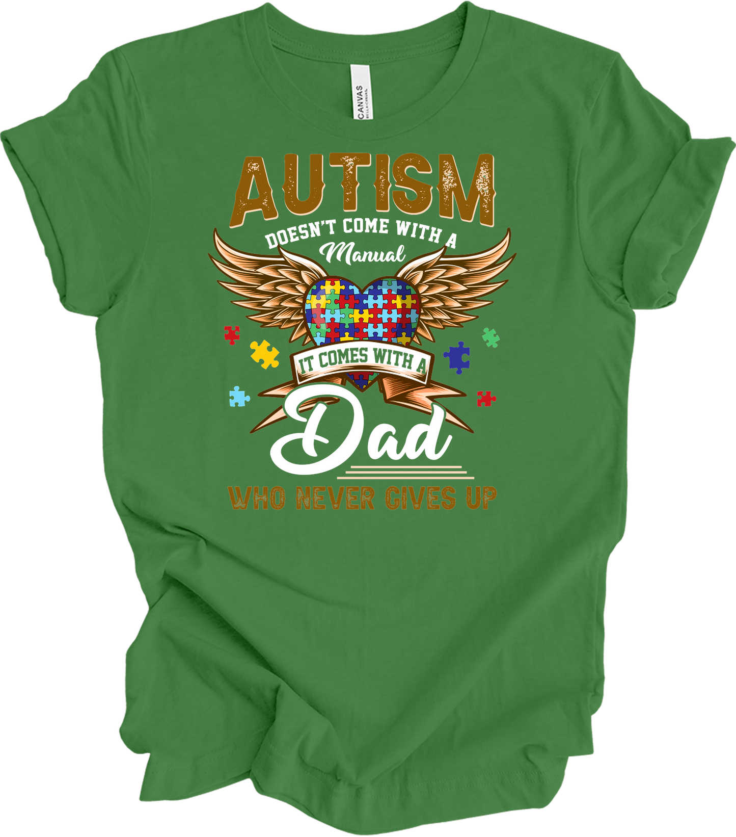 Autism Dad Heart Puzzle T-Shirt in Leaf
