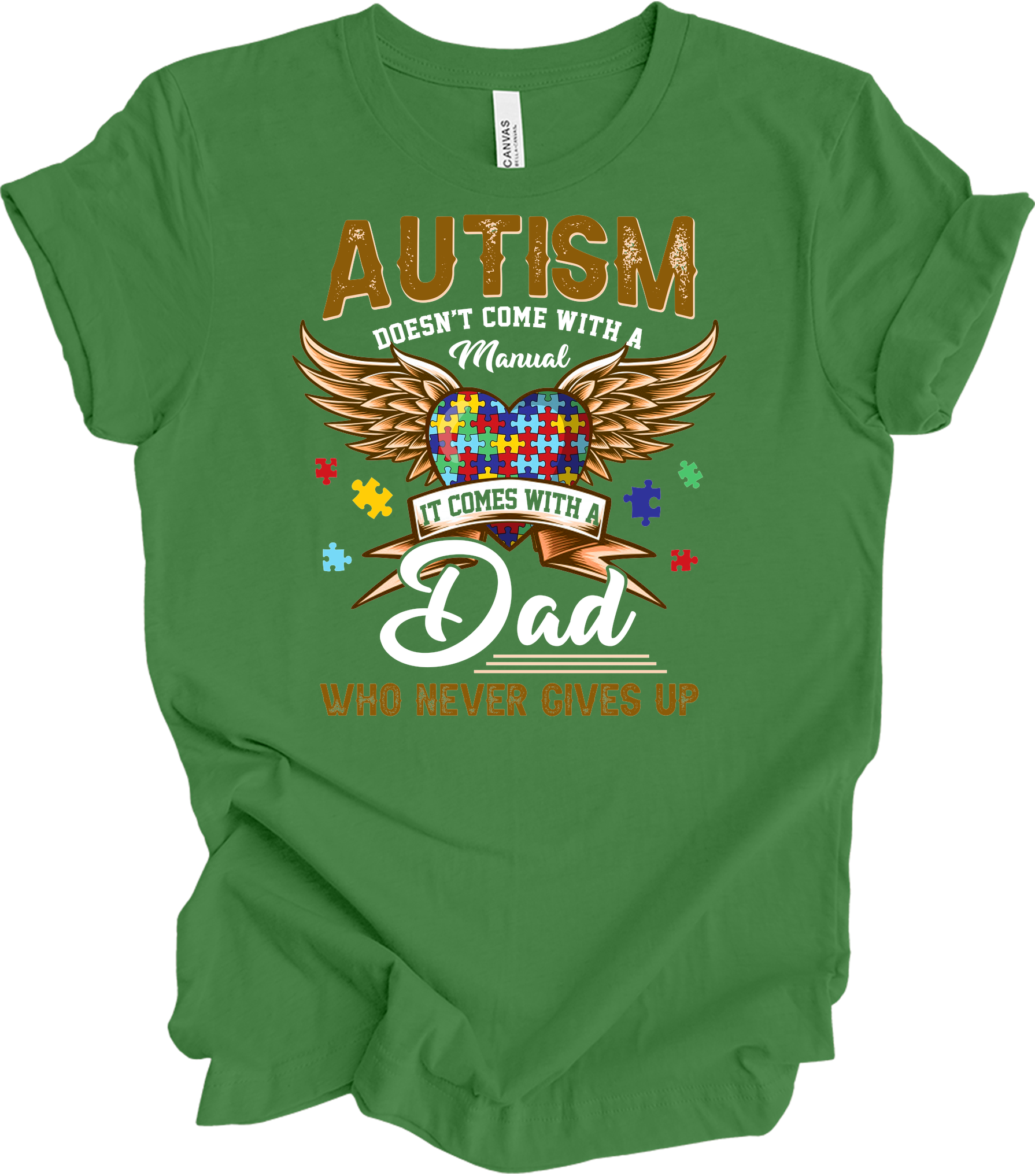 Autism Dad Heart Puzzle T-Shirt in Leaf