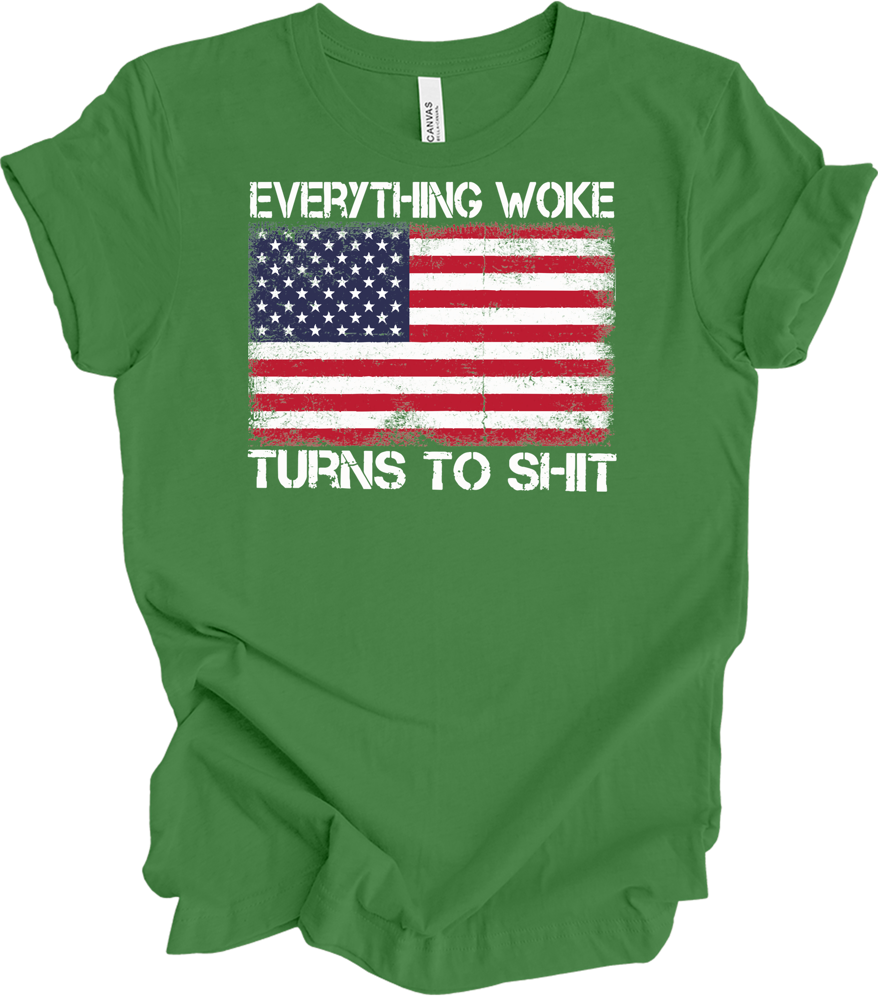Everything Woke Turns to Sh!t Funny Trump Political USA Flag T-Shirt in Leaf