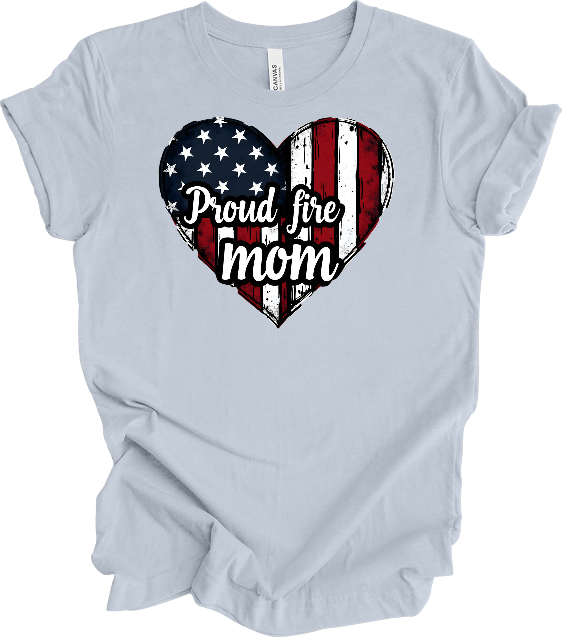 Proud Fire Mom - USA Flag Heart T-Shirt in Light Blue