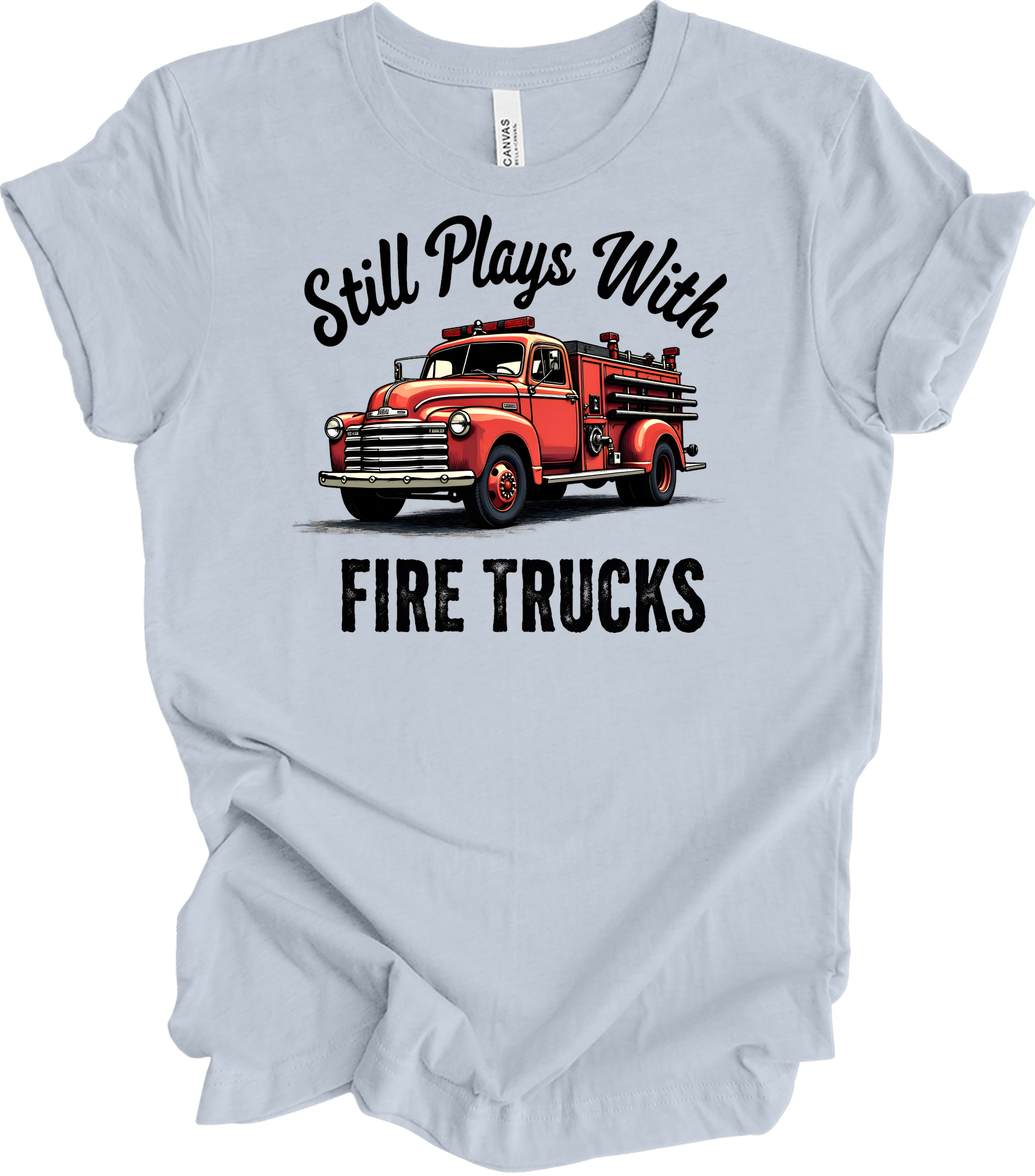 Still Plays With Fire Trucks T-Shirt in Light Blue
