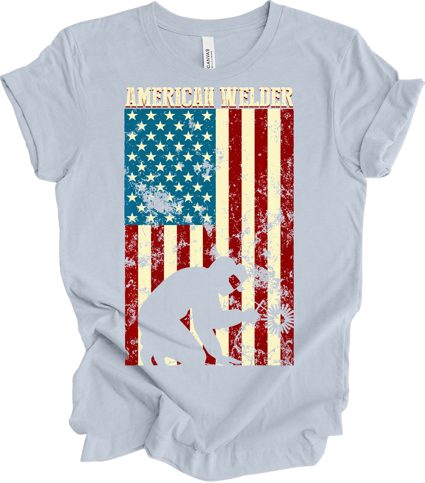 American Flag Welder T-Shirt in Light Blue