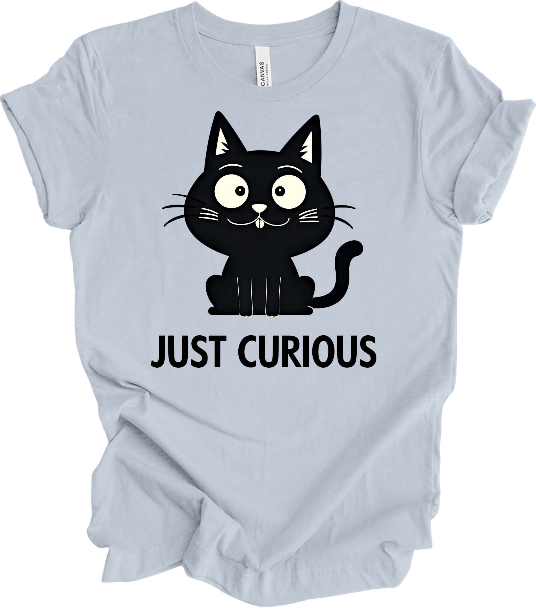 Curious Cat - Funny Black Cat Design T-Shirt in Light Blue
