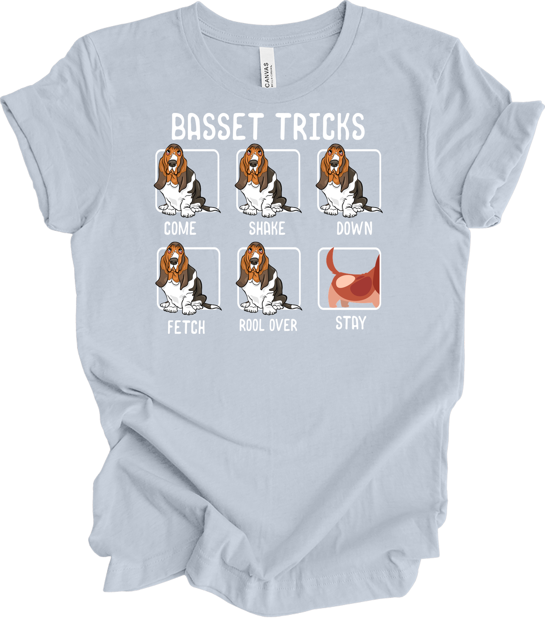 Basset Tricks Dog T-Shirt in Light Blue
