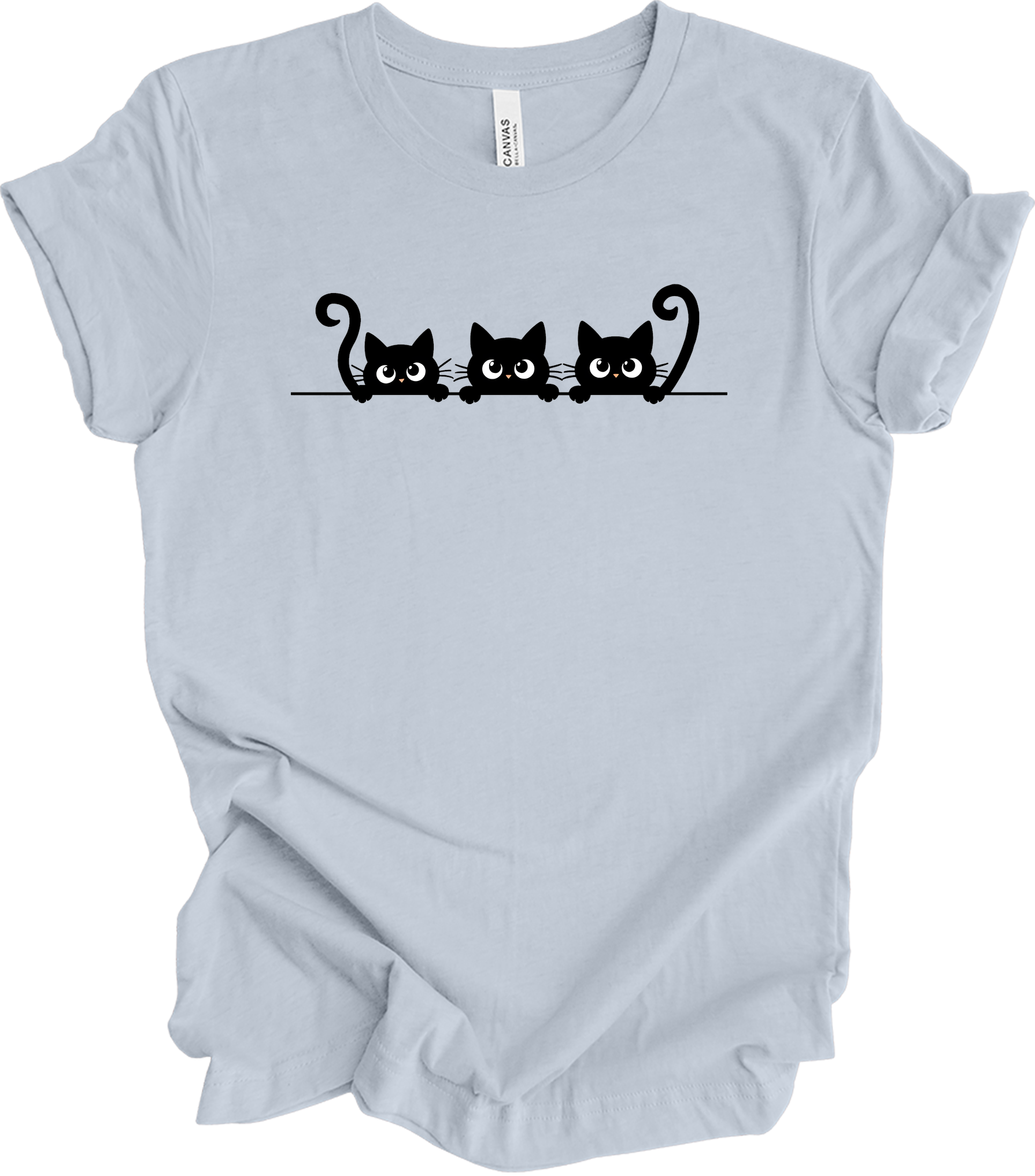 Three Cats Cartoon Eyes T-Shirt in Light Blue