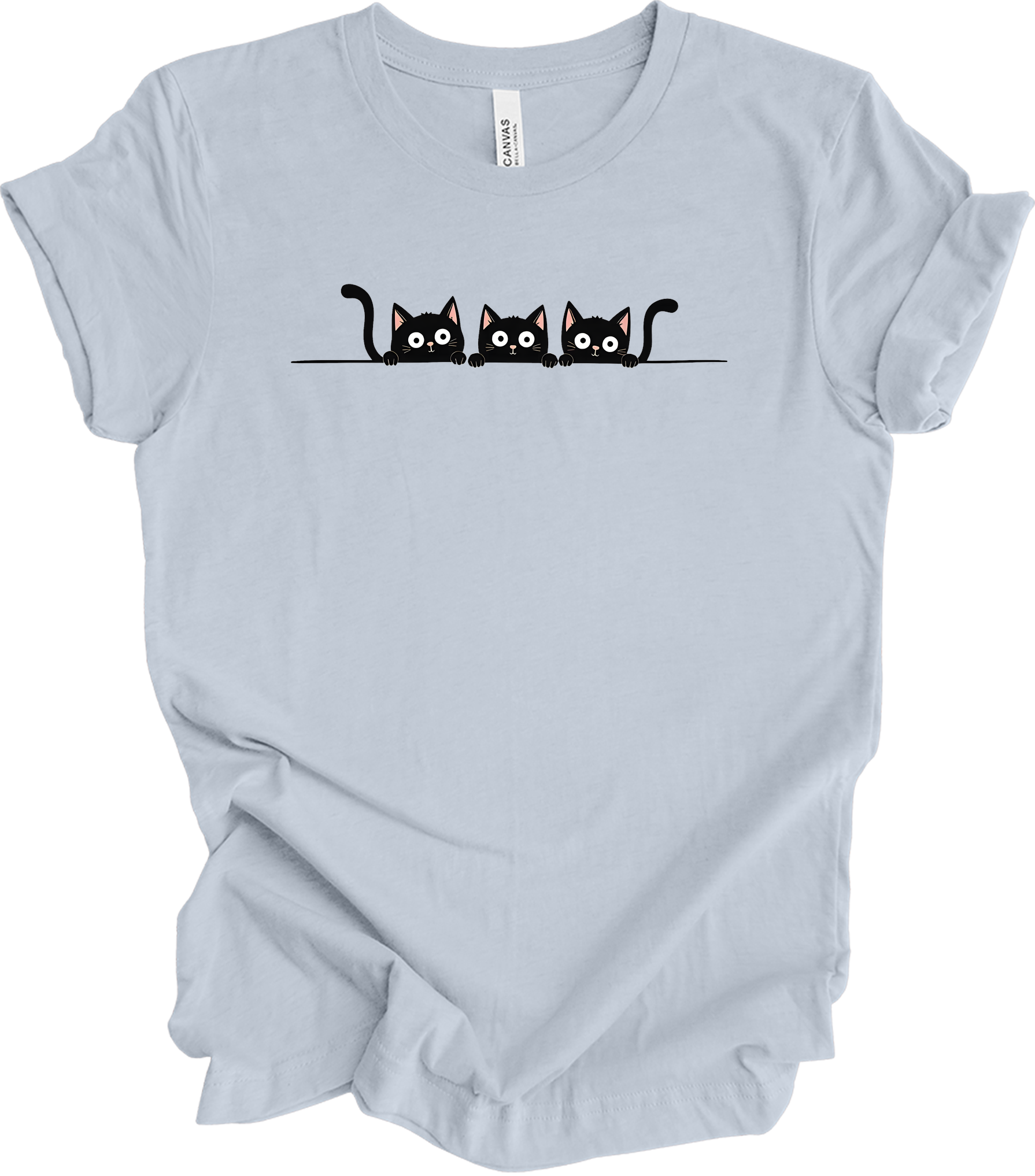 Three Black Cats Cartoon T-Shirt in Light Blue