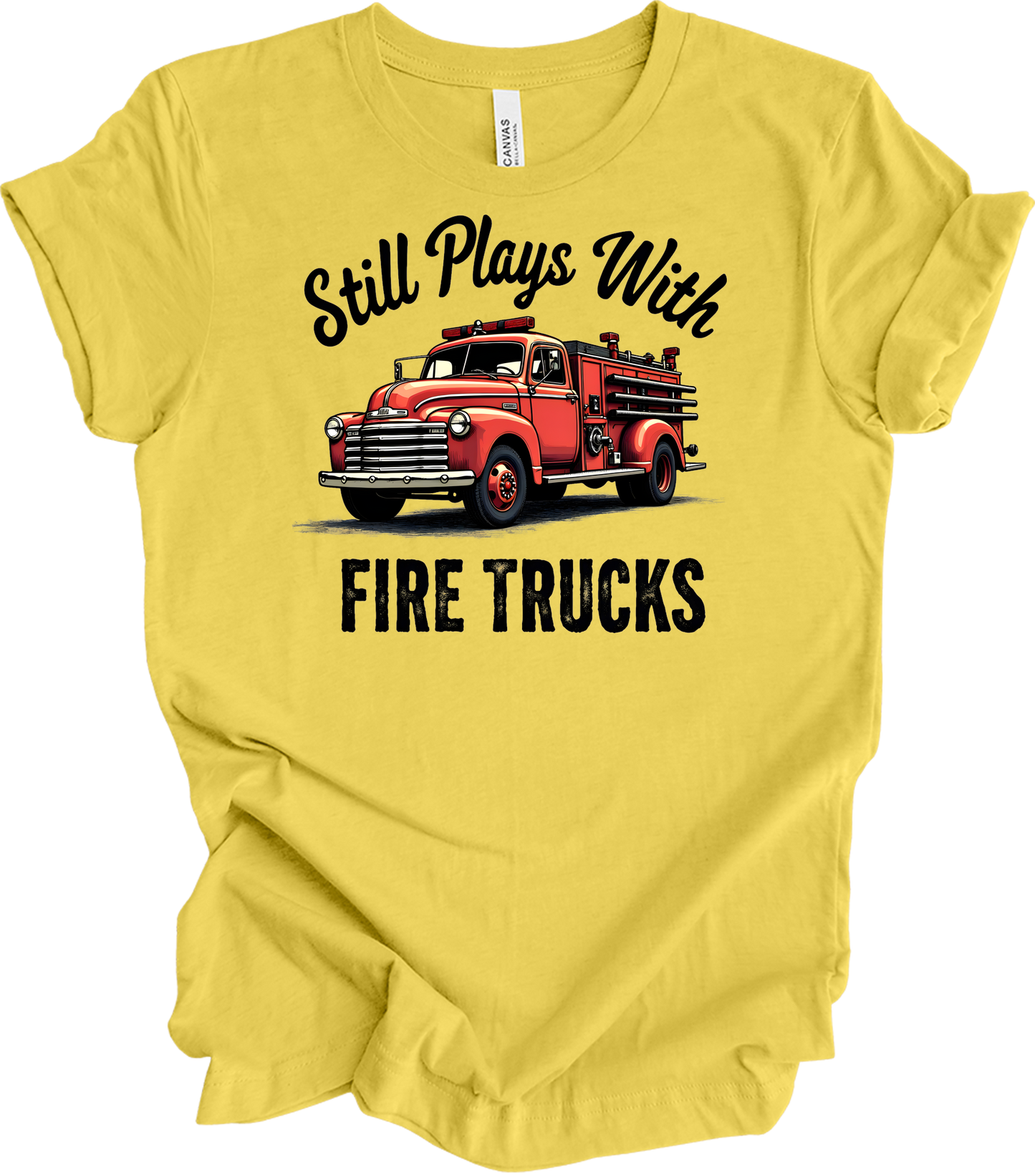 Still Plays With Fire Trucks T-Shirt in Maize Yellow