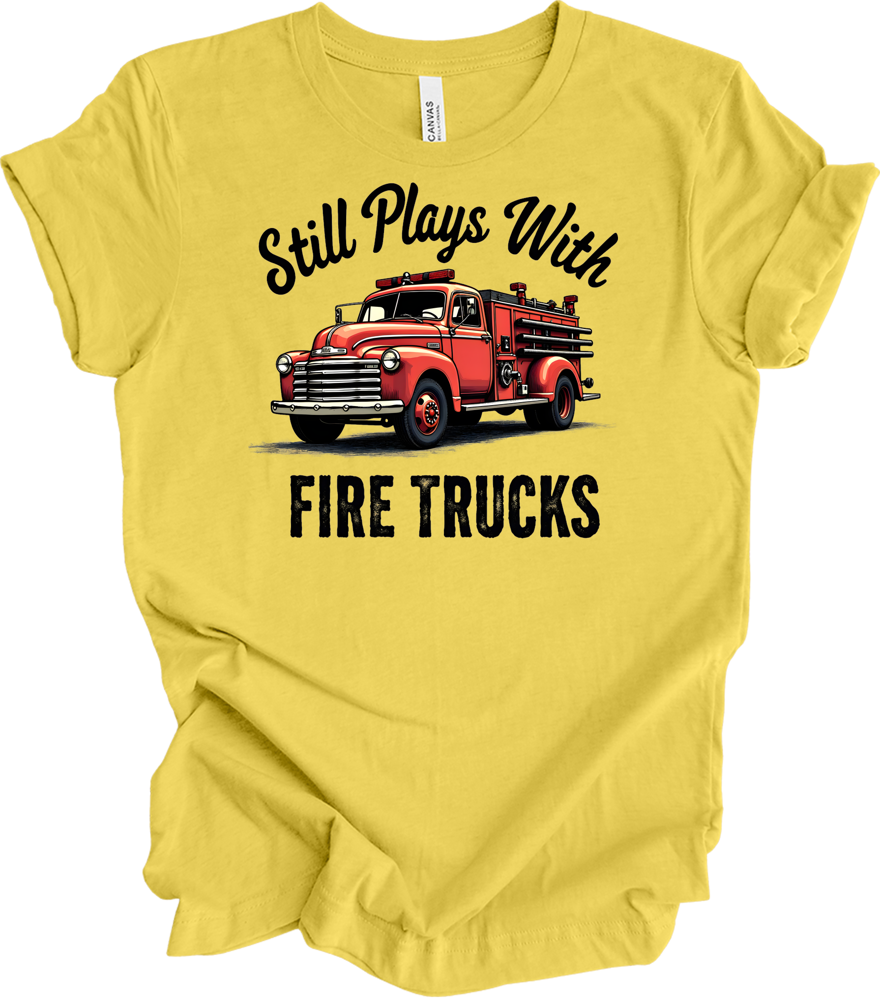 Still Plays With Fire Trucks T-Shirt in Maize Yellow