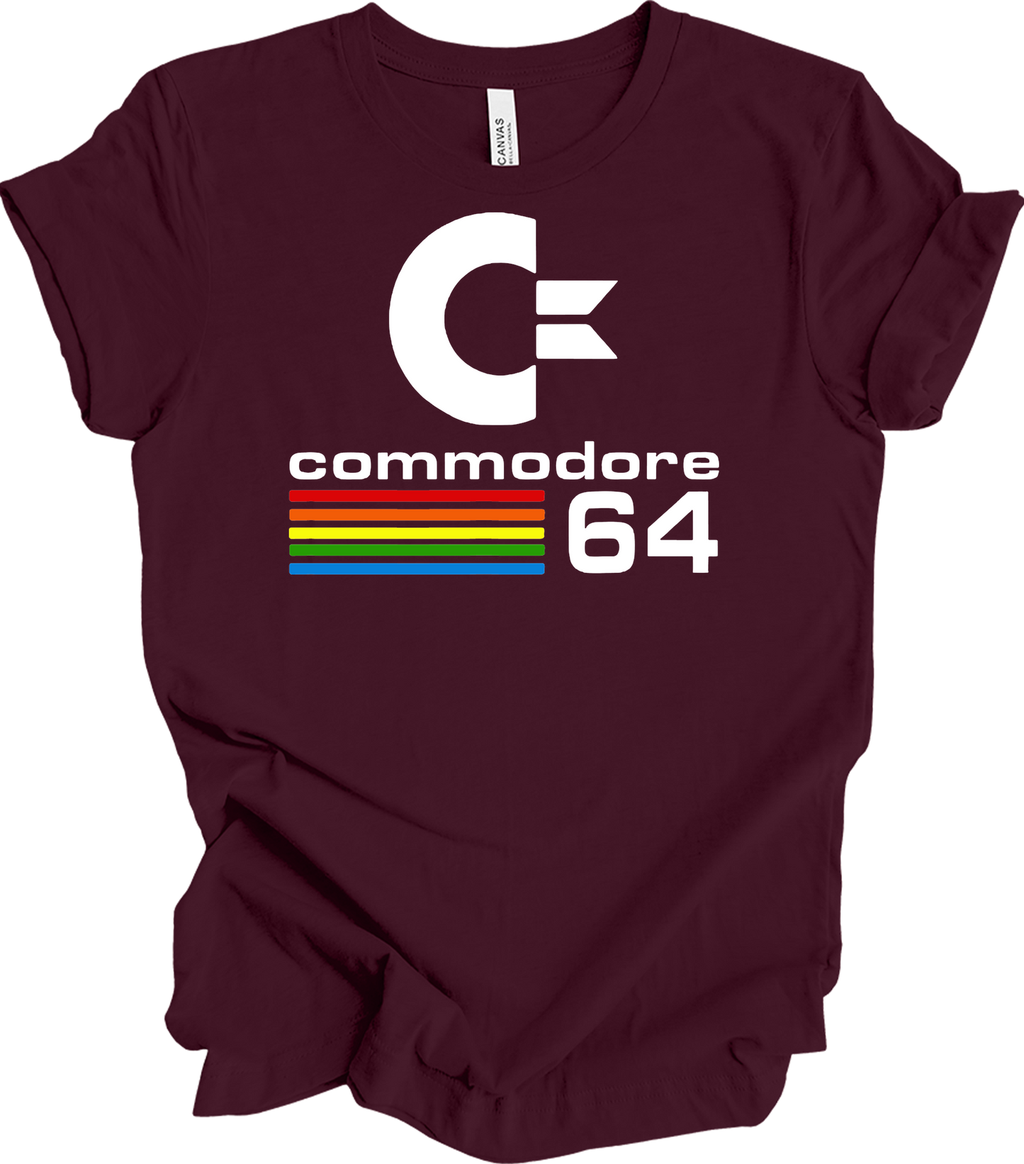 Commodore 64 Retro 80s Gaming - C64 Rainbow Stripe T-Shirt in Maroon