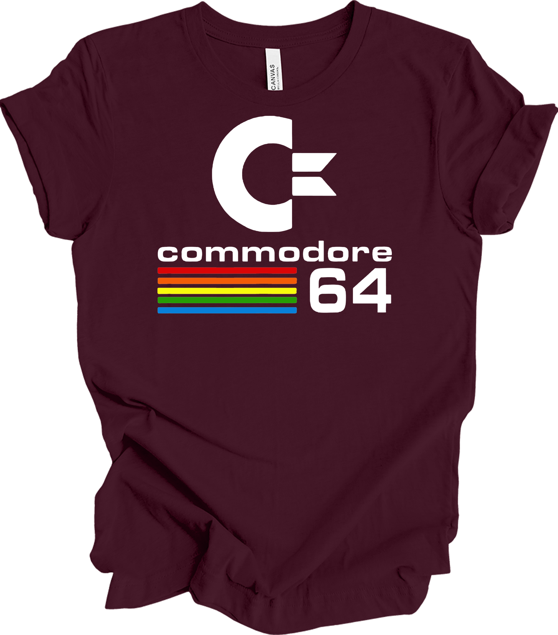 Commodore 64 Retro 80s Gaming - C64 Rainbow Stripe T-Shirt in Maroon