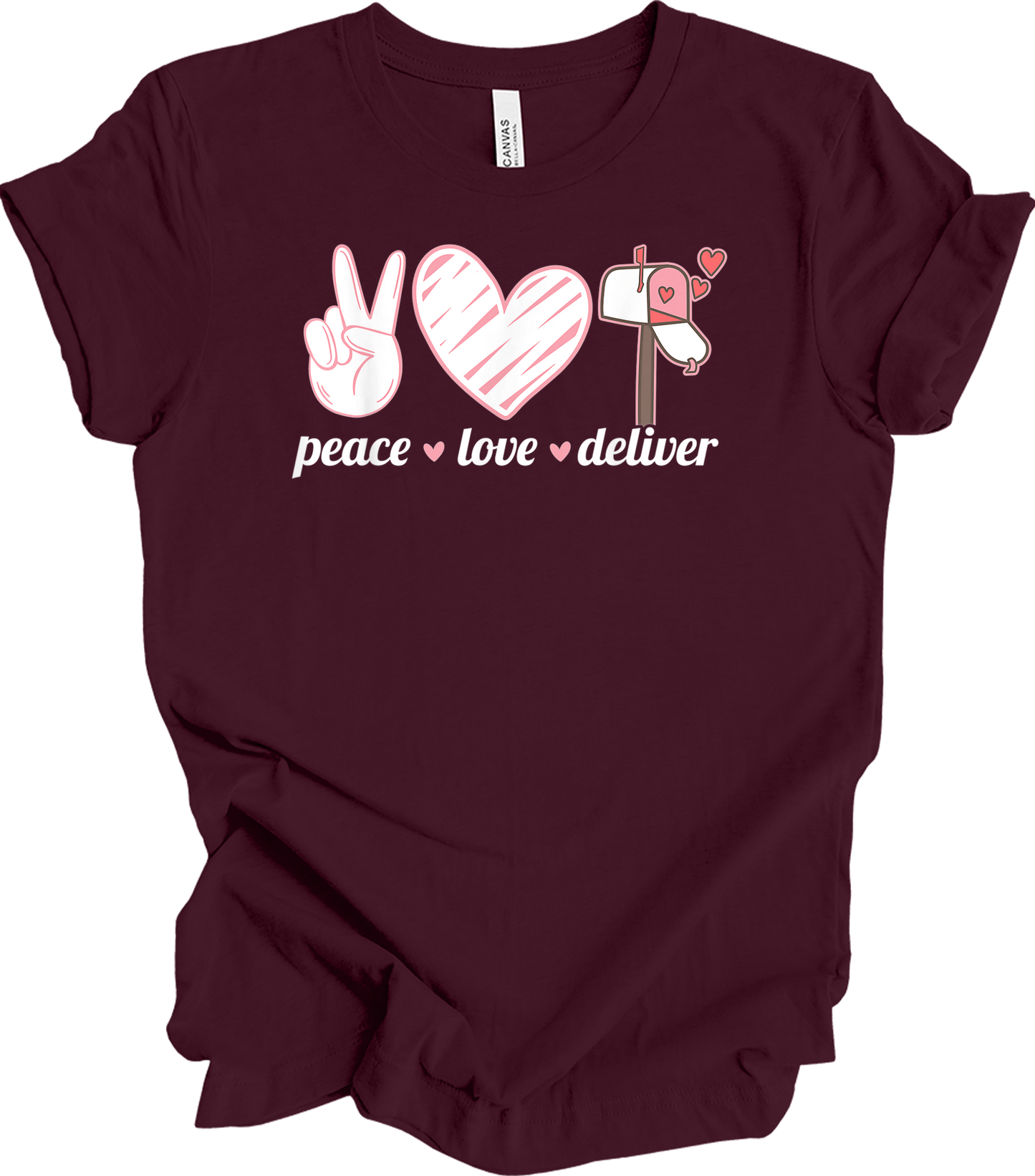 Peace Love Deliver T-Shirt in Maroon