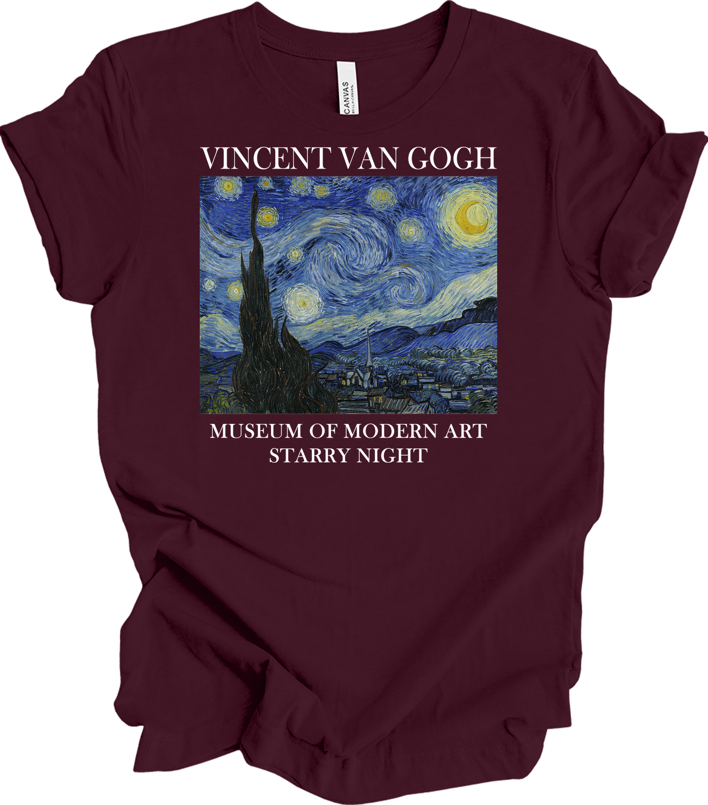 Van Gogh Starry Night Painting Art T-Shirt in Maroon