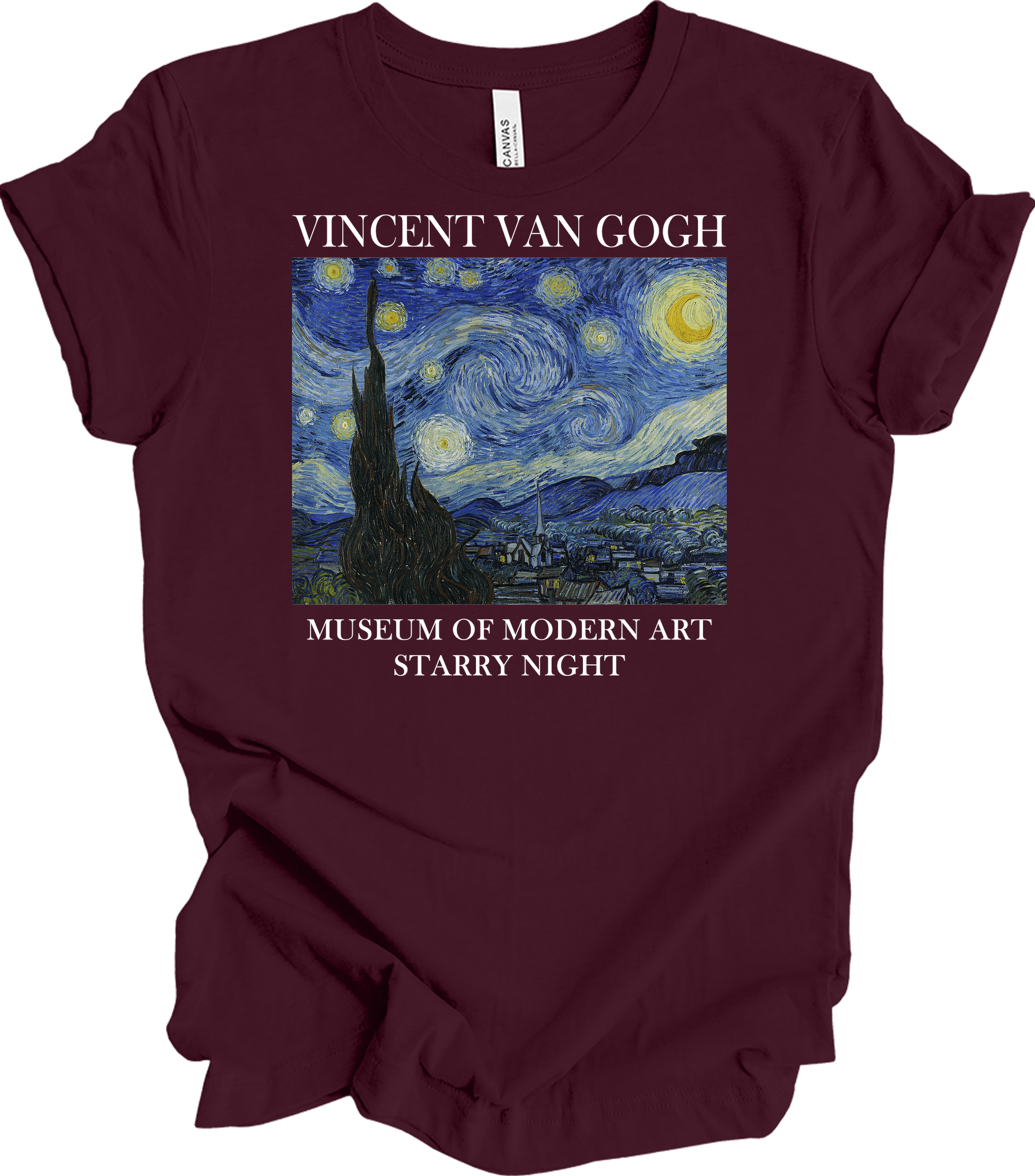 Van Gogh Starry Night Painting Art T-Shirt in Maroon