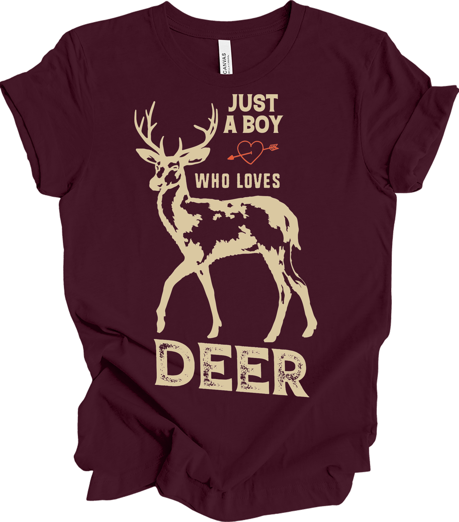 Just A Boy Who Loves Deer - Funny Hunter Gift T-Shirt in Maroon