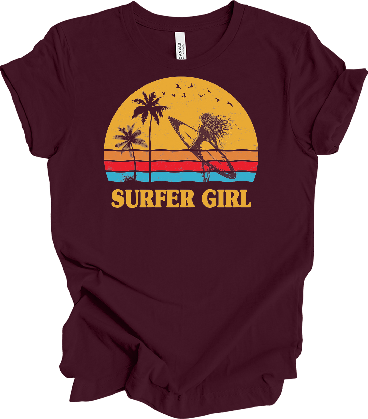Surfer Girl Vintage Retro 70s Beach Surfing California Lover T-Shirt in Maroon