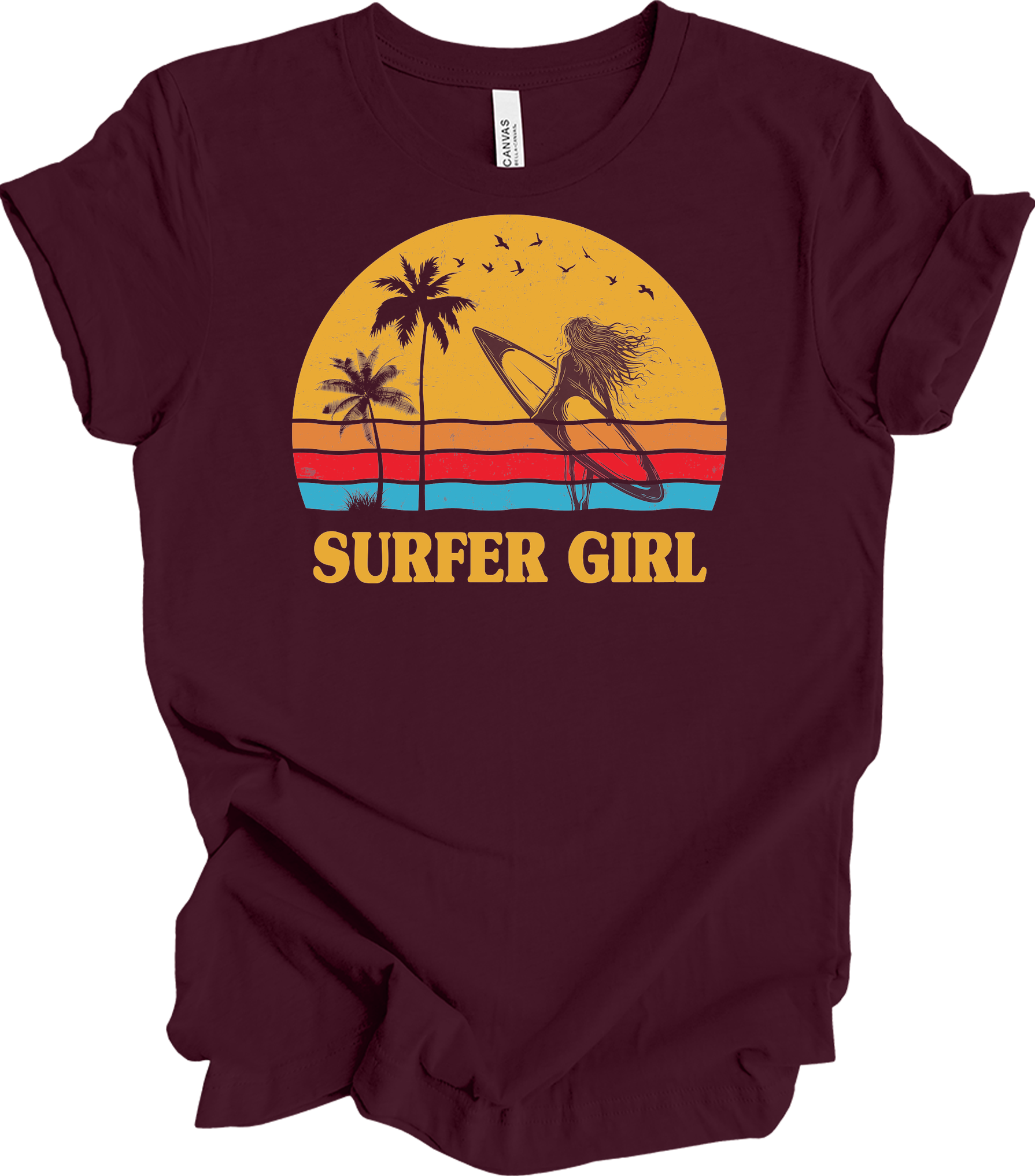 Surfer Girl Vintage Retro 70s Beach Surfing California Lover T-Shirt in Maroon