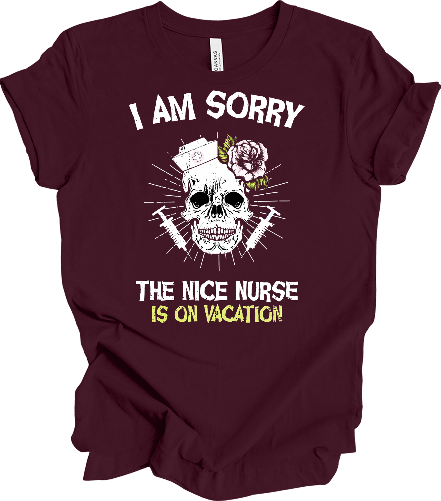 Nice Nurse Vacation Skull T-Shirt in Maroon