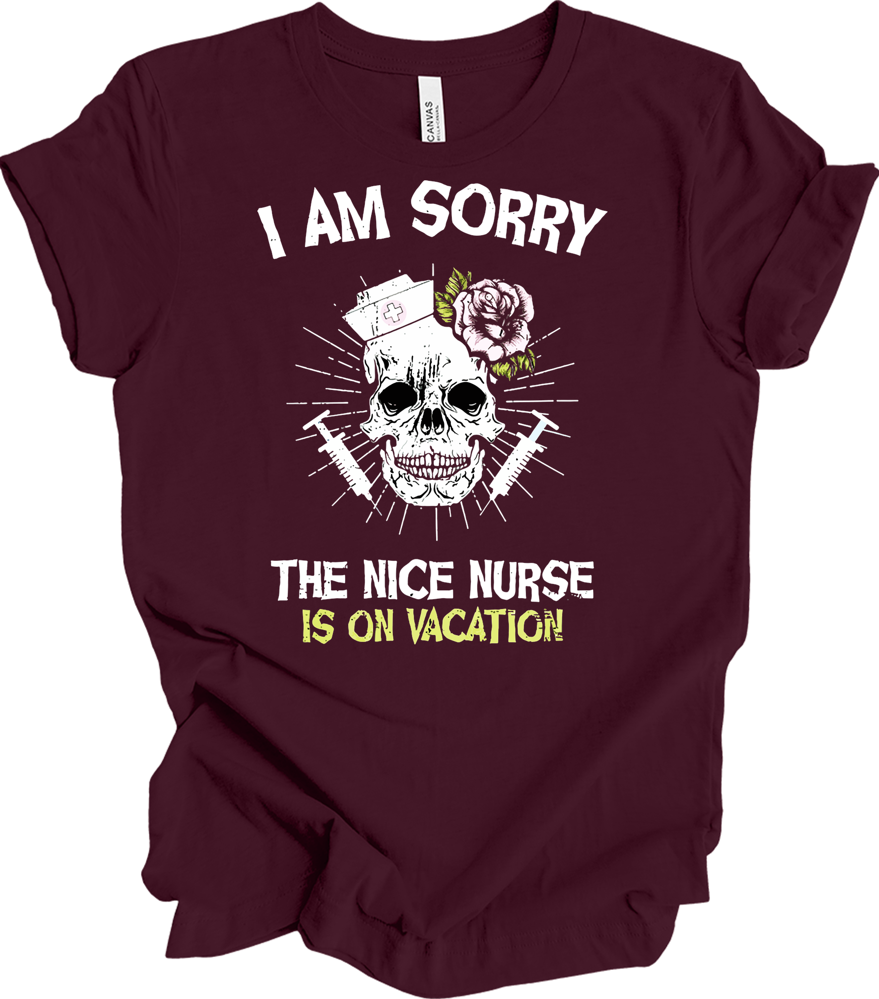 Nice Nurse Vacation Skull T-Shirt in Maroon