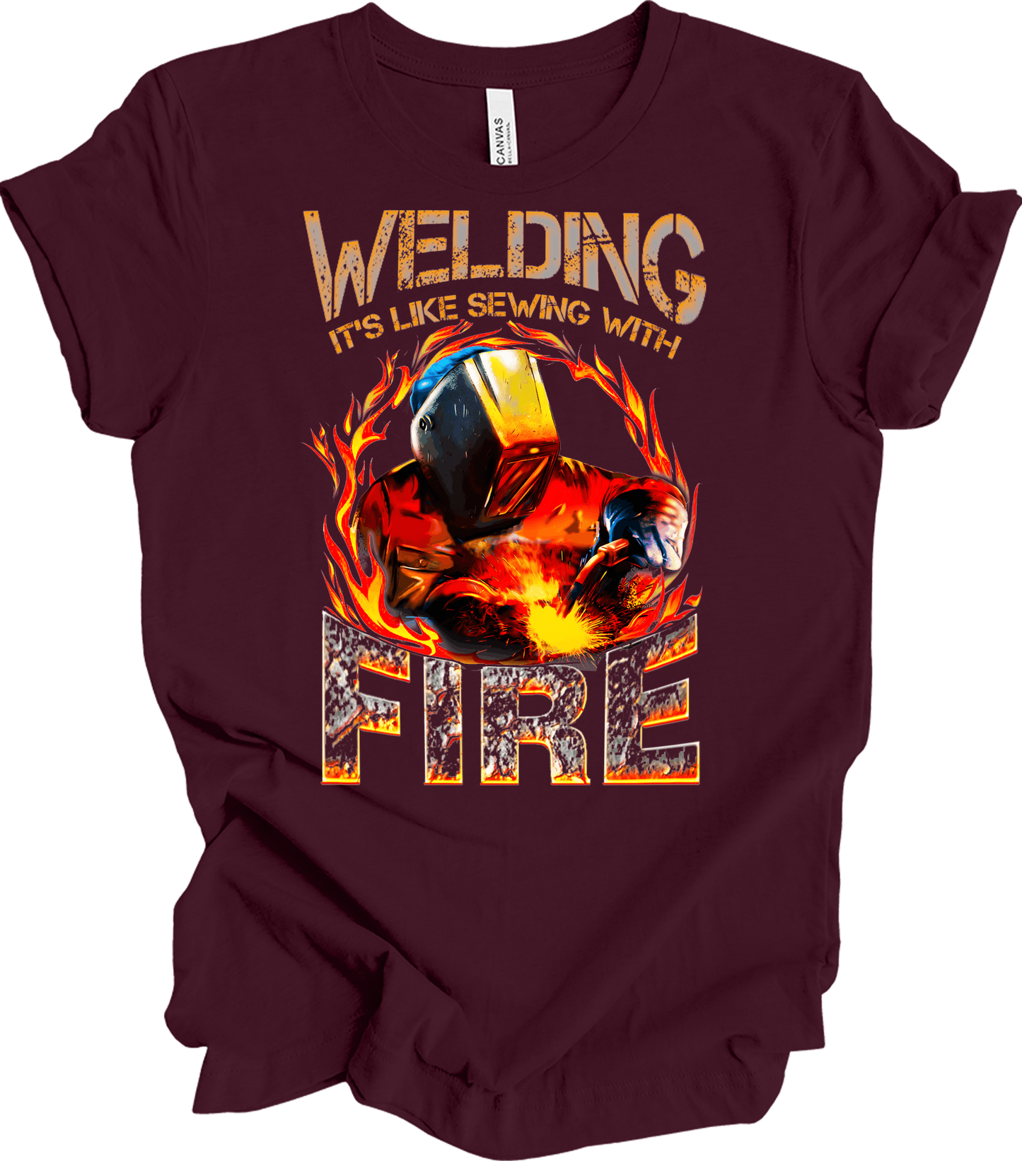 Welding: Sewing with Fire T-Shirt in Maroon