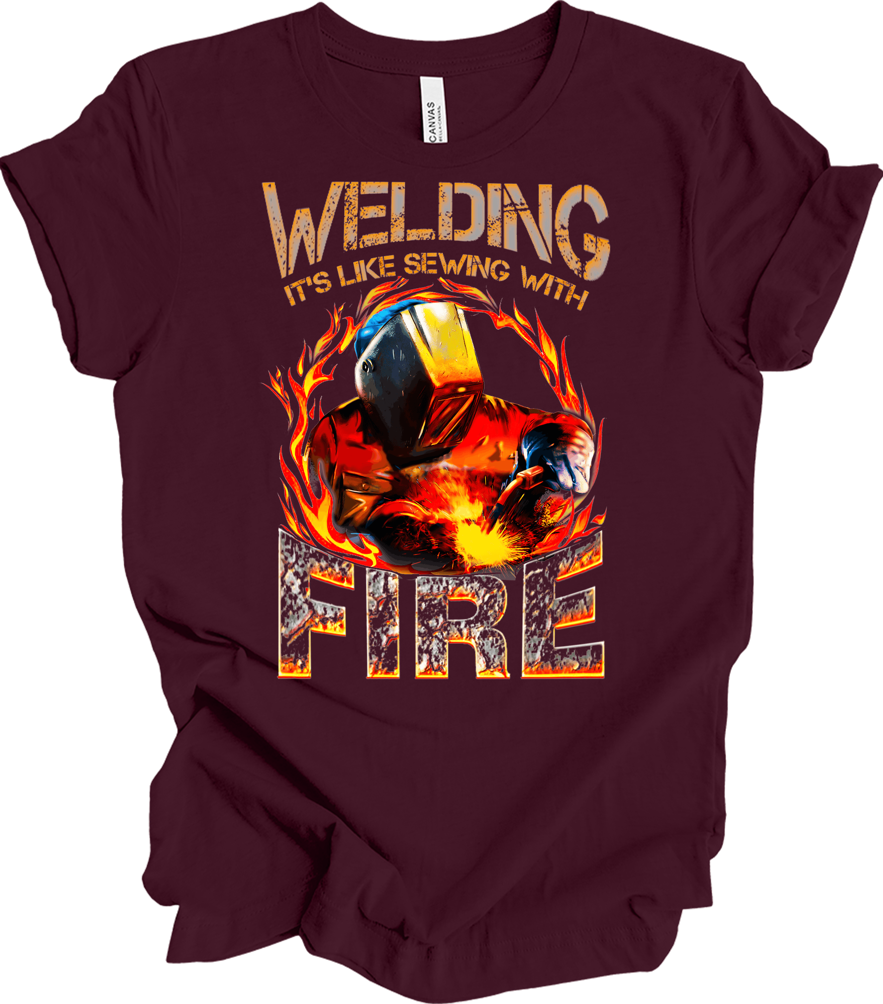 Welding: Sewing with Fire T-Shirt in Maroon