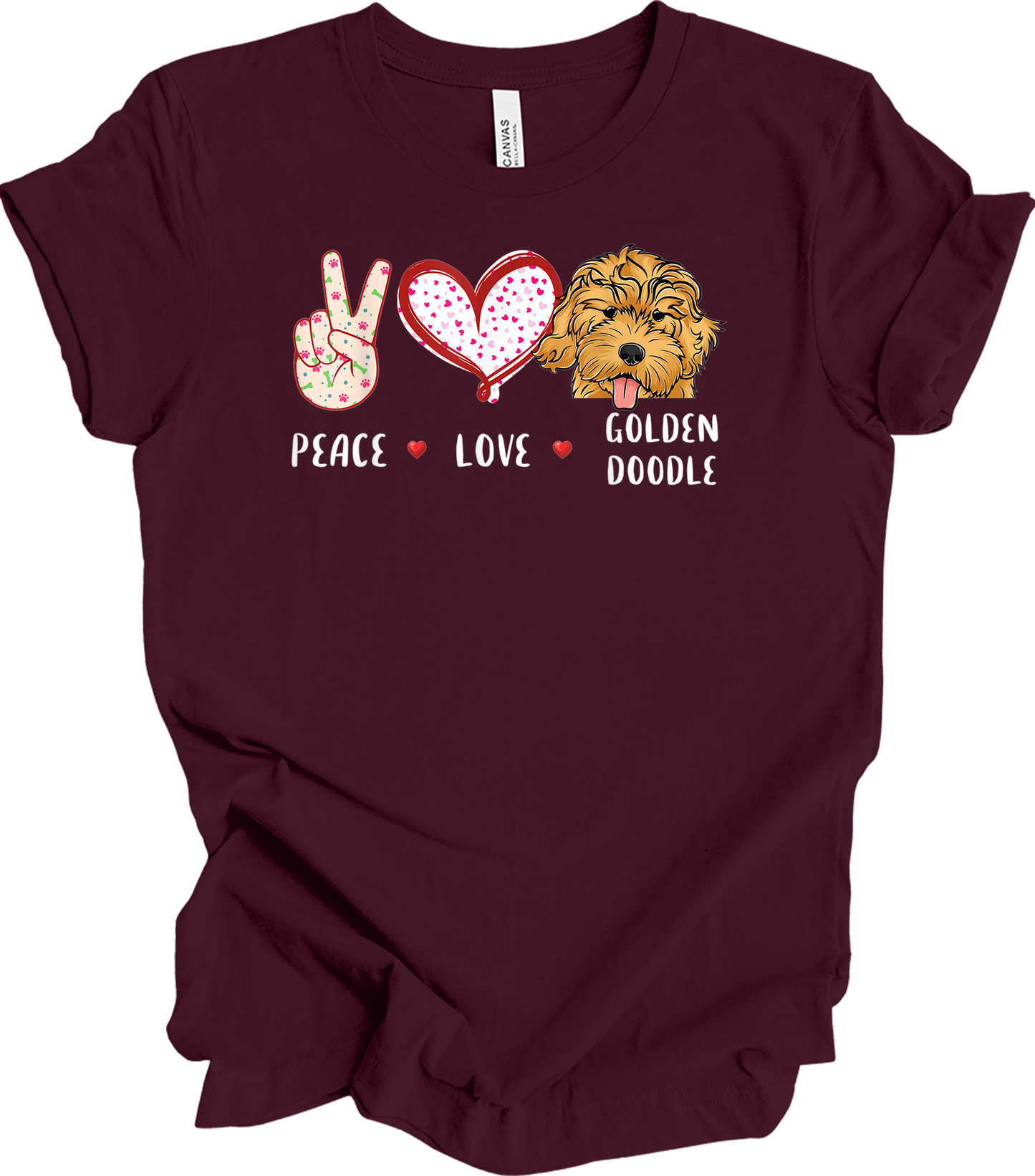 Peace Love Golden Doodle T-Shirt in Maroon