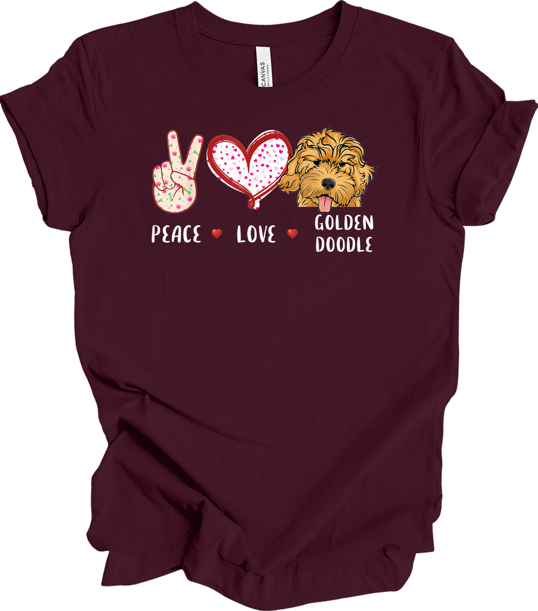 Peace Love Golden Doodle T-Shirt in Maroon