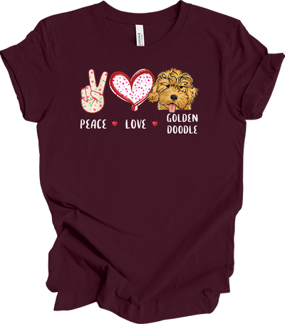Peace Love Golden Doodle T-Shirt in Maroon