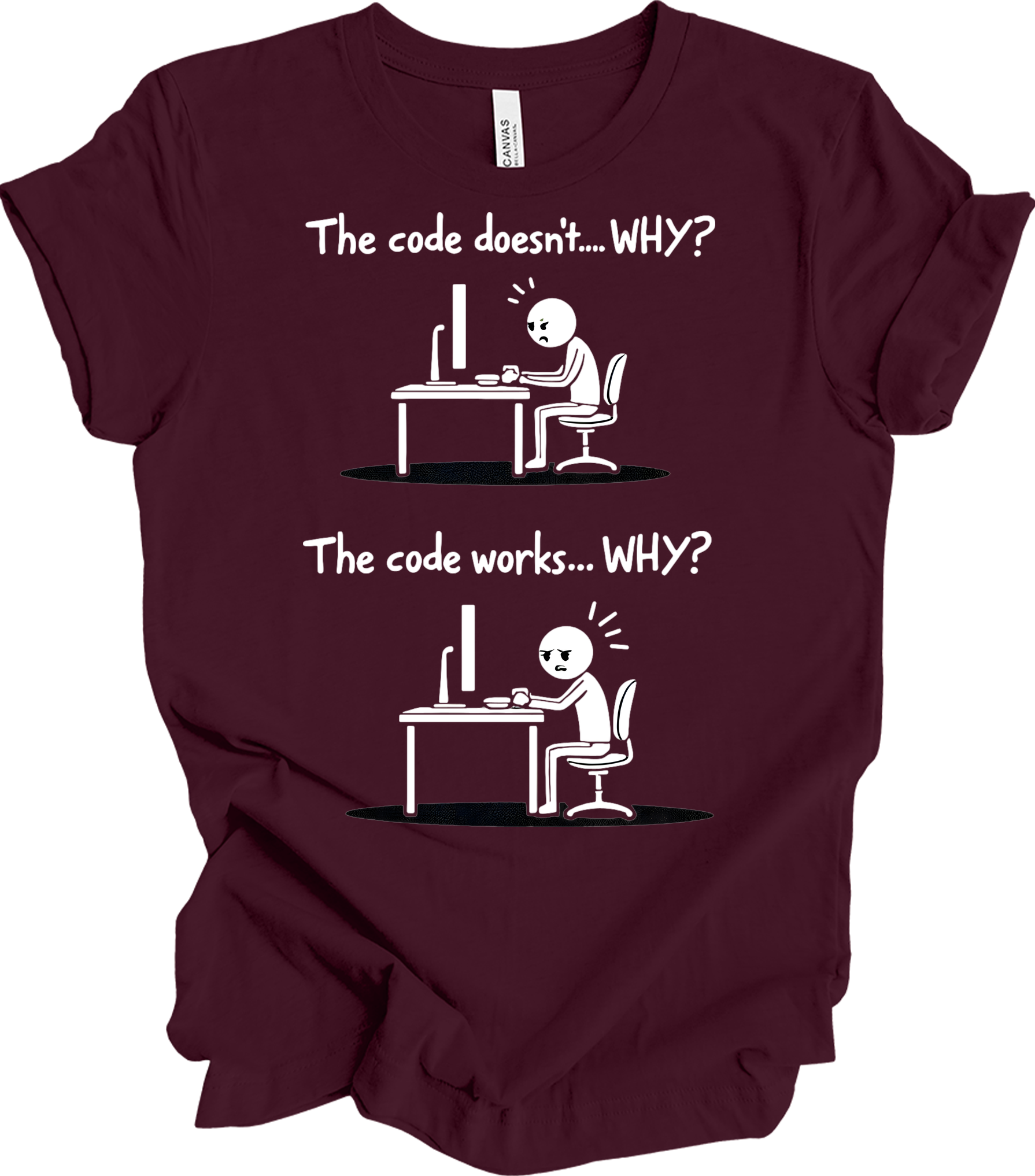 Code Works Why? Funny T-Shirt in Maroon