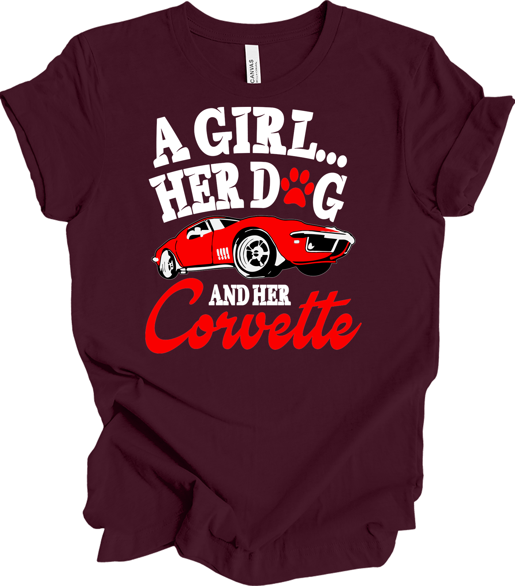 Corvette Dog Mom - C3 Corvette Lover & Dog Owner T-Shirt in Maroon