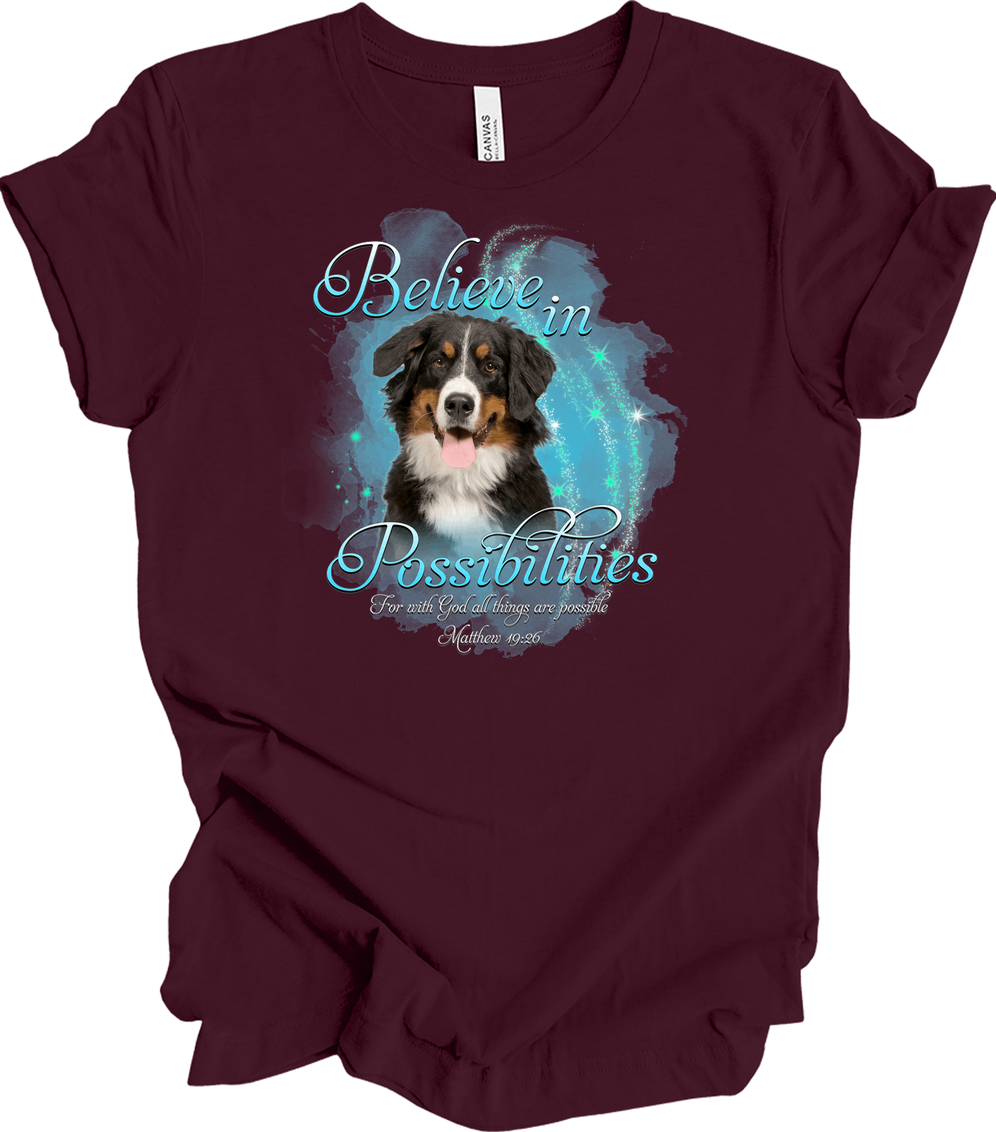 Bernese Dog 'Believe' T-Shirt in Maroon