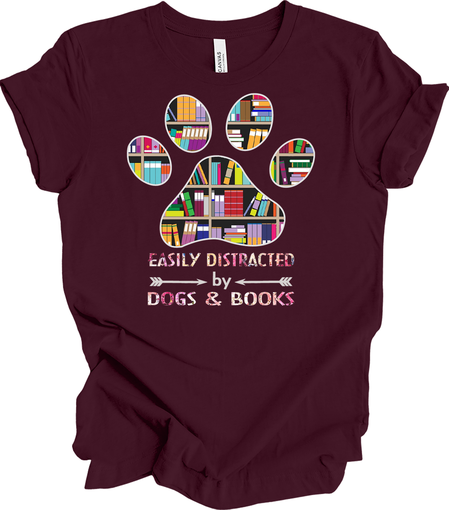 Colorful Paw Print Dogs & Books T-Shirt in Maroon