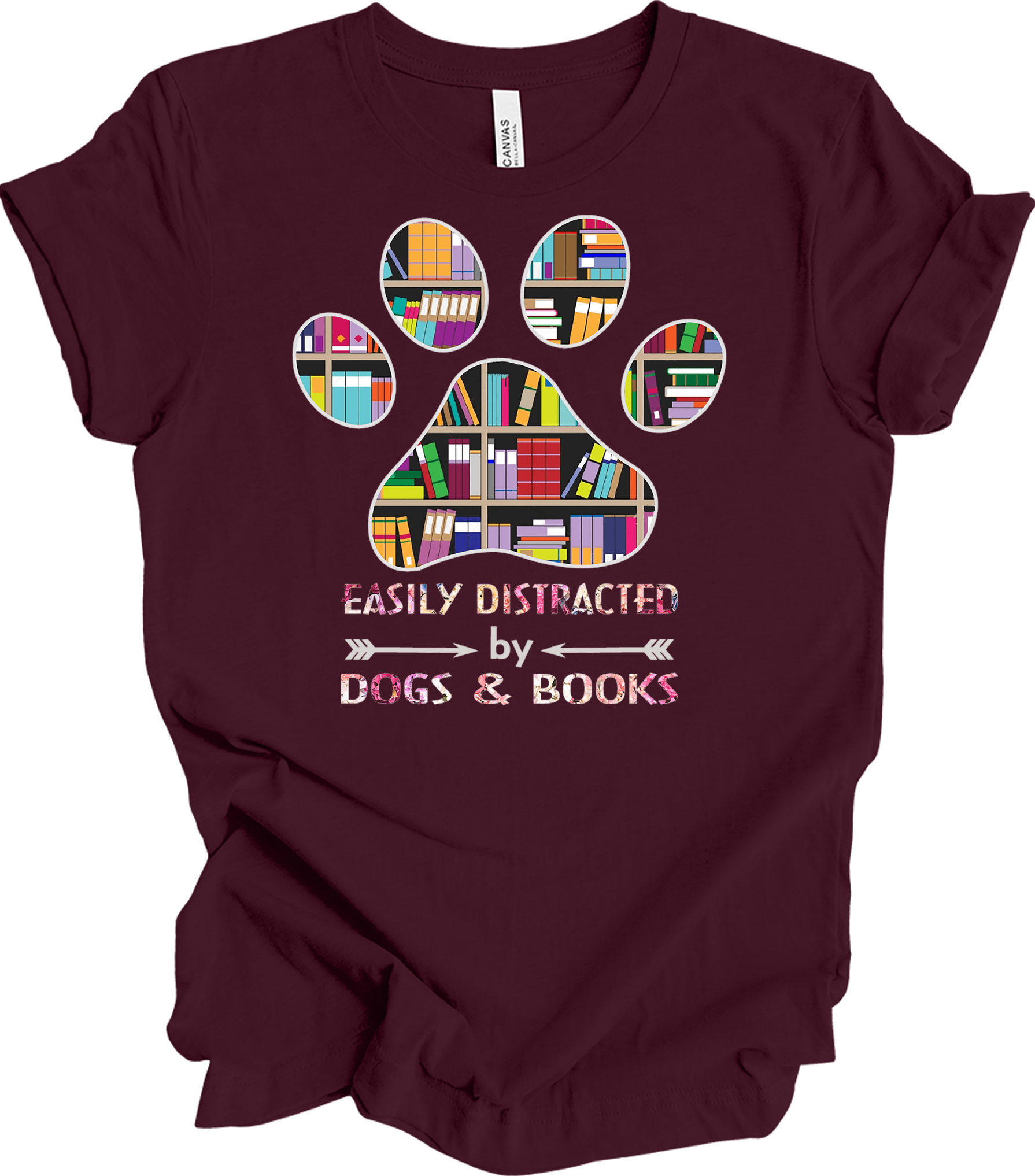 Colorful Paw Print Dogs & Books T-Shirt in Maroon