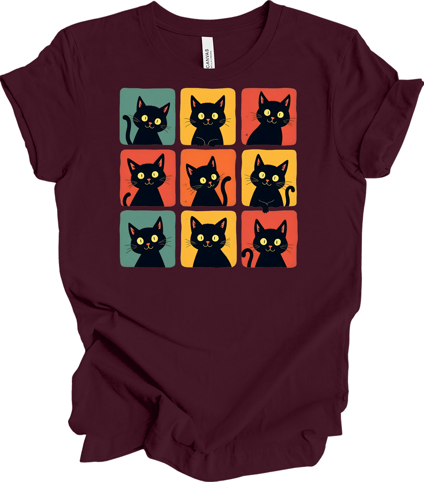 Retro Black Cat Faces T-Shirt in Maroon