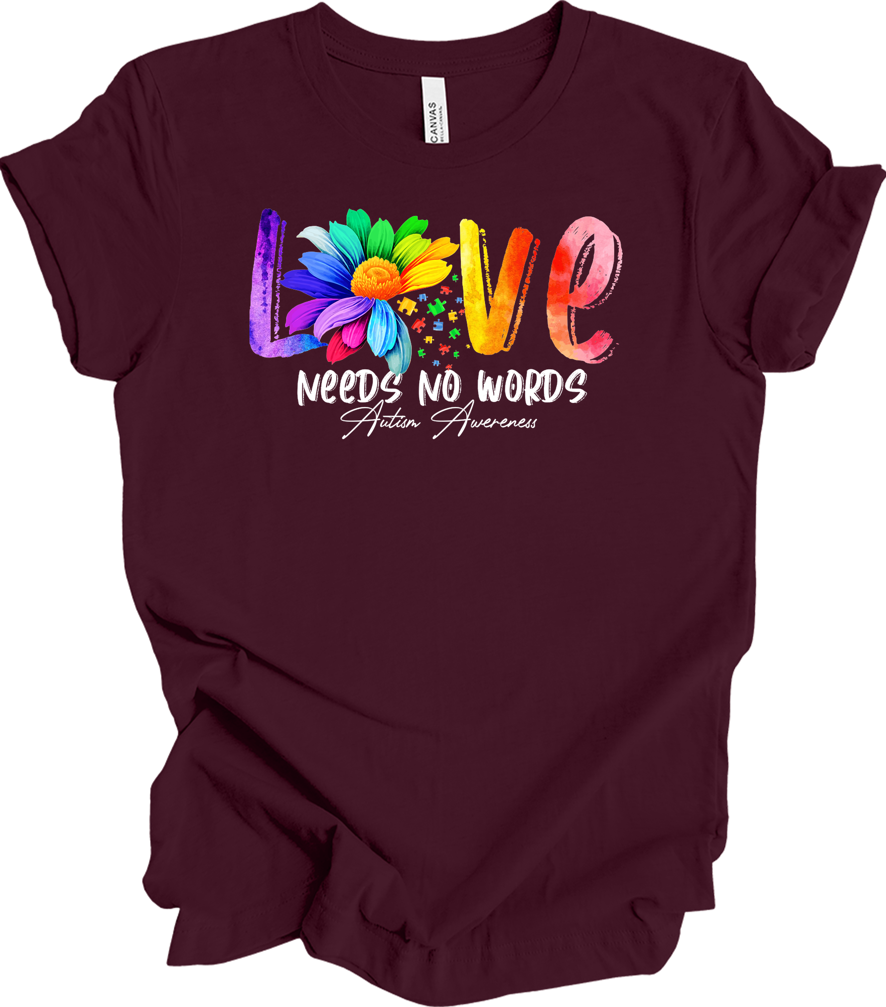 Love Needs No Words Autism T-Shirt in Maroon